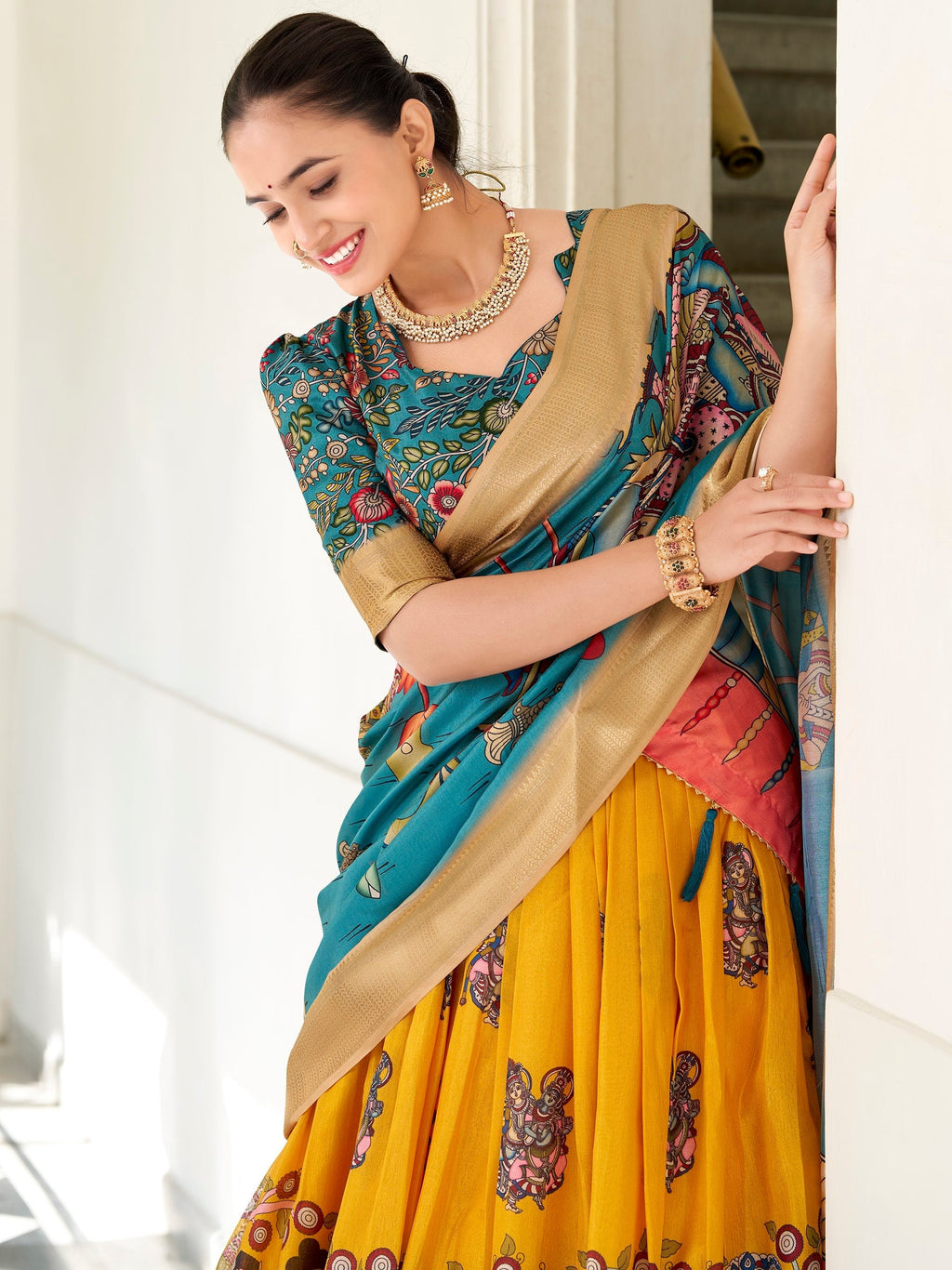 Yellow dola silk kalamkari printed lehenga choli with dupatta