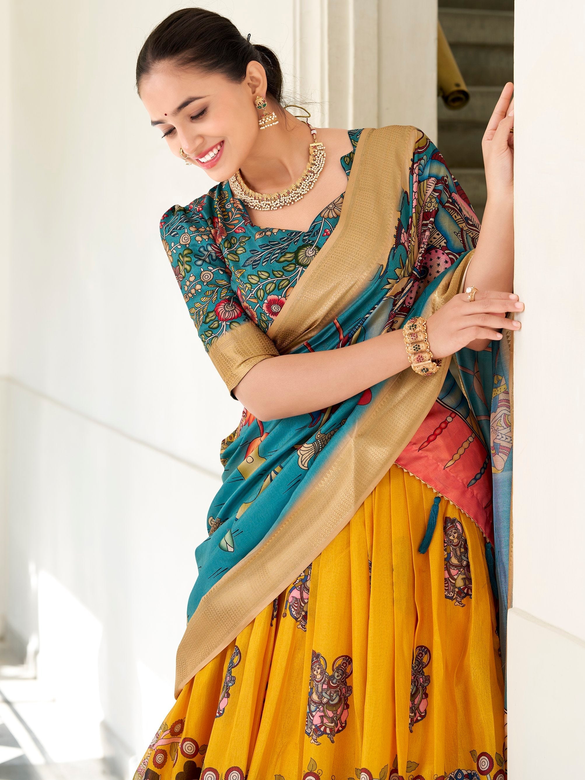 Yellow dola silk kalamkari printed lehenga choli with dupatta