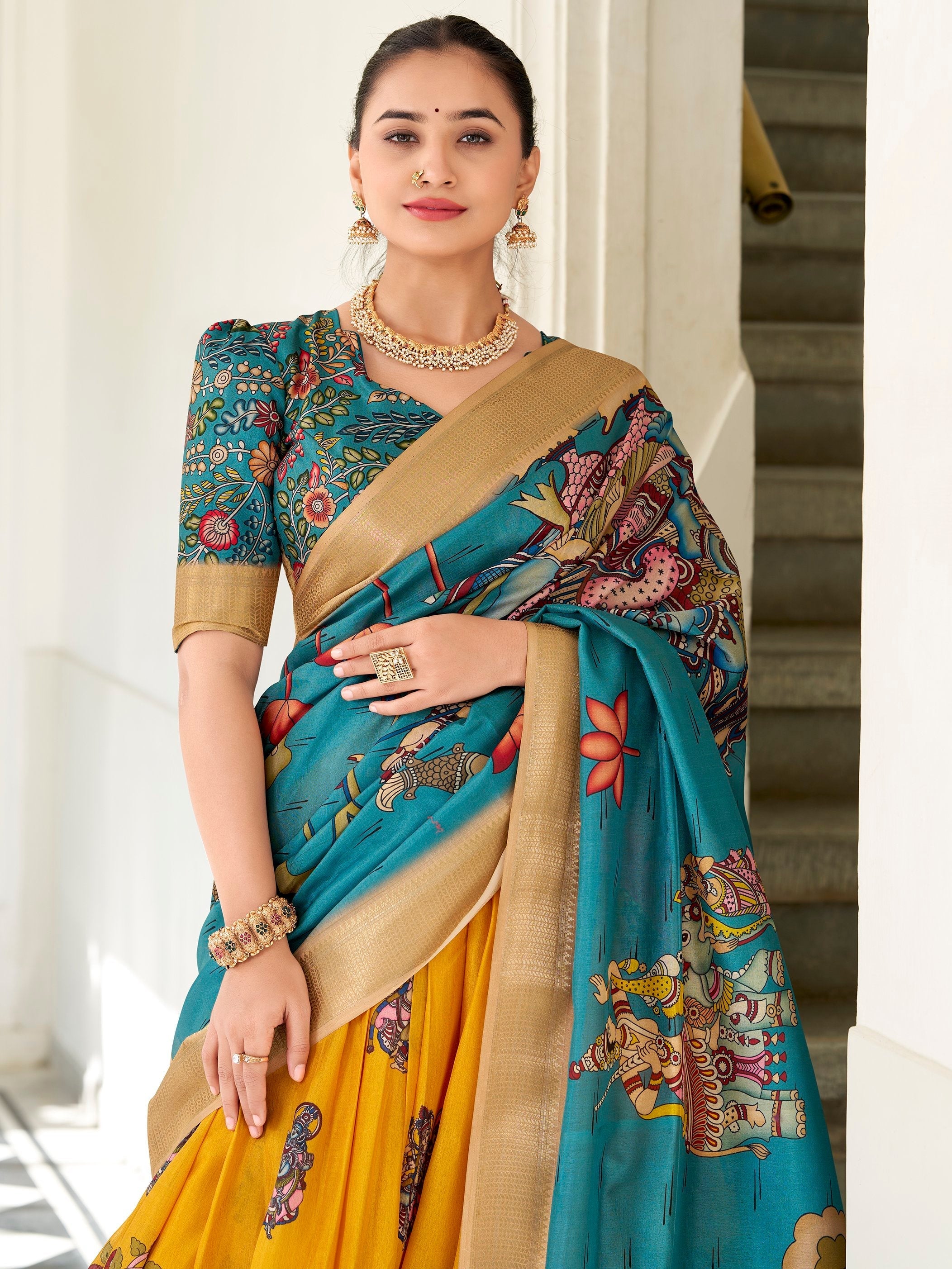 Yellow dola silk kalamkari printed lehenga choli with dupatta