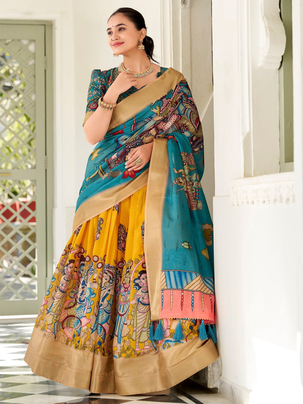 Yellow dola silk kalamkari printed lehenga choli with dupatta