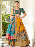 Yellow dola silk kalamkari printed lehenga choli with dupatta