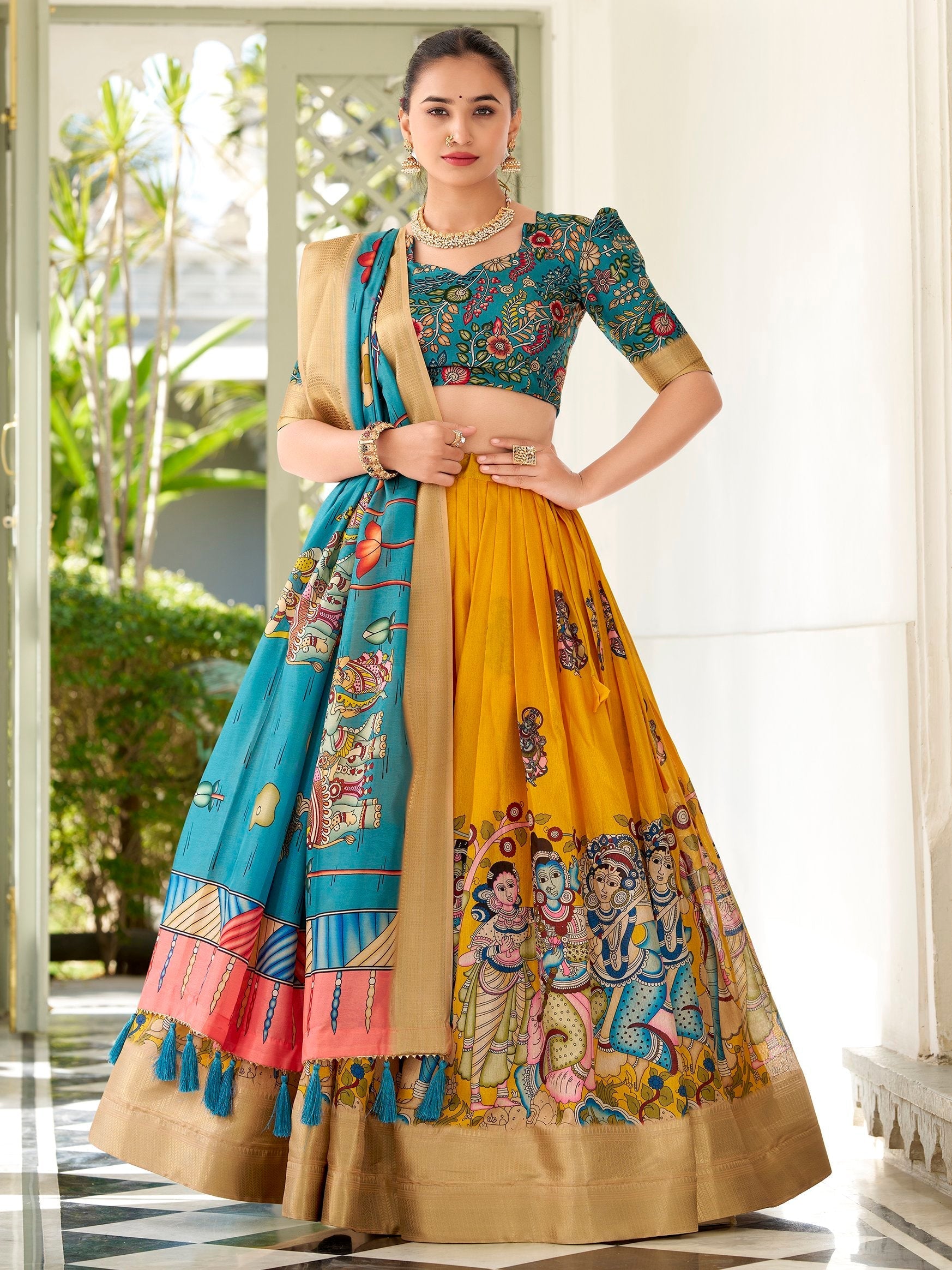 Yellow dola silk kalamkari printed lehenga choli with dupatta