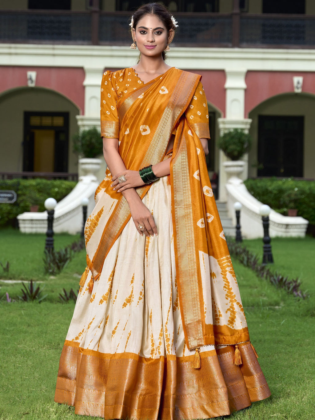 Yellow Dola Silk Shibori Print Zari Weaving Lehenga Choli With Dupatta