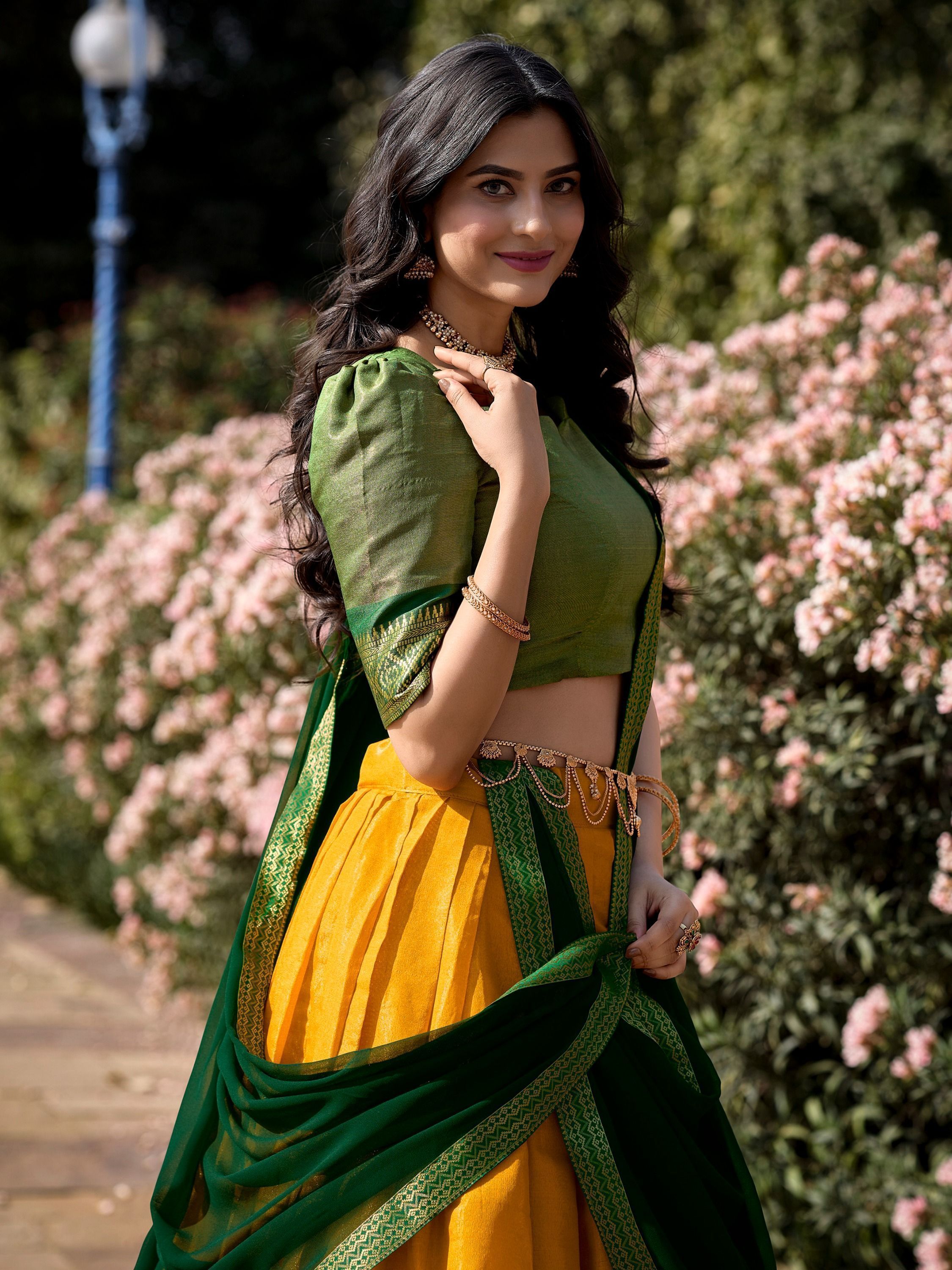 Yellow Kanchipuram Silk Zari Weaving Work Traditional Lehenga Choli