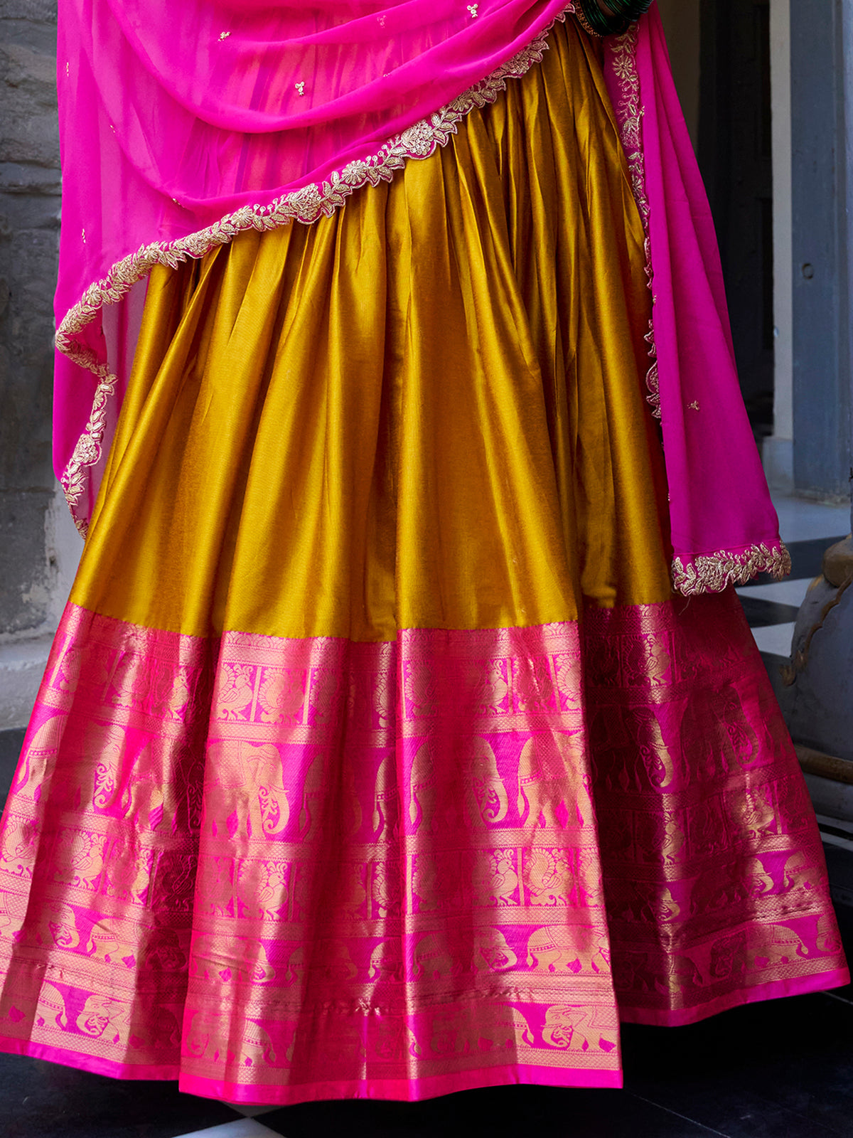 Yellow Narayan Pattu silk zari weaving lehenga choli with dupatta
