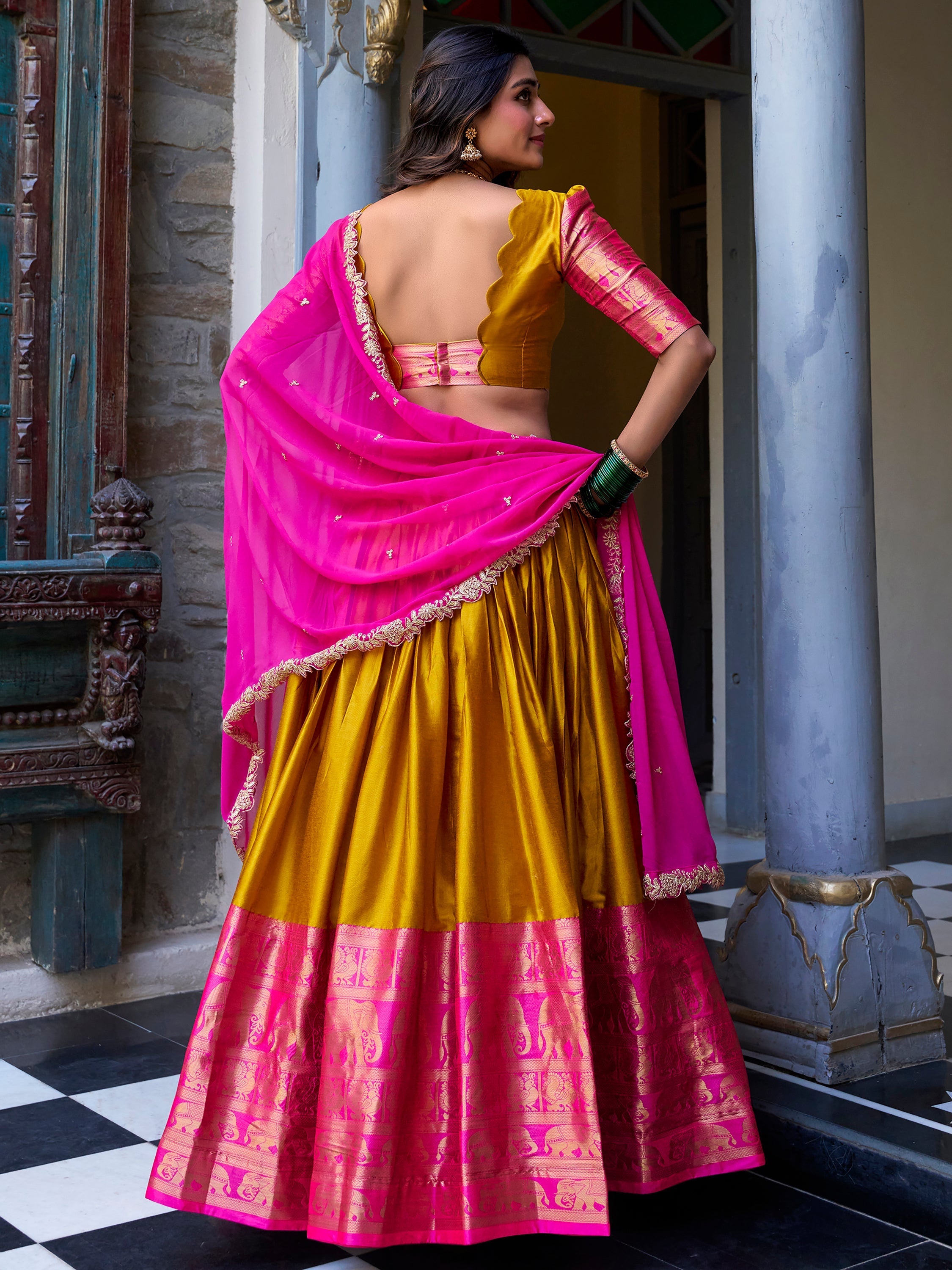 Yellow Narayan Pattu silk zari weaving lehenga choli with dupatta