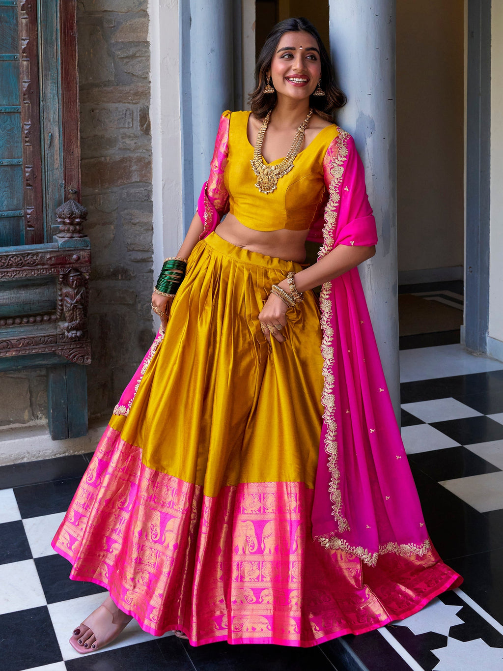 Yellow Narayan Pattu silk zari weaving lehenga choli with dupatta