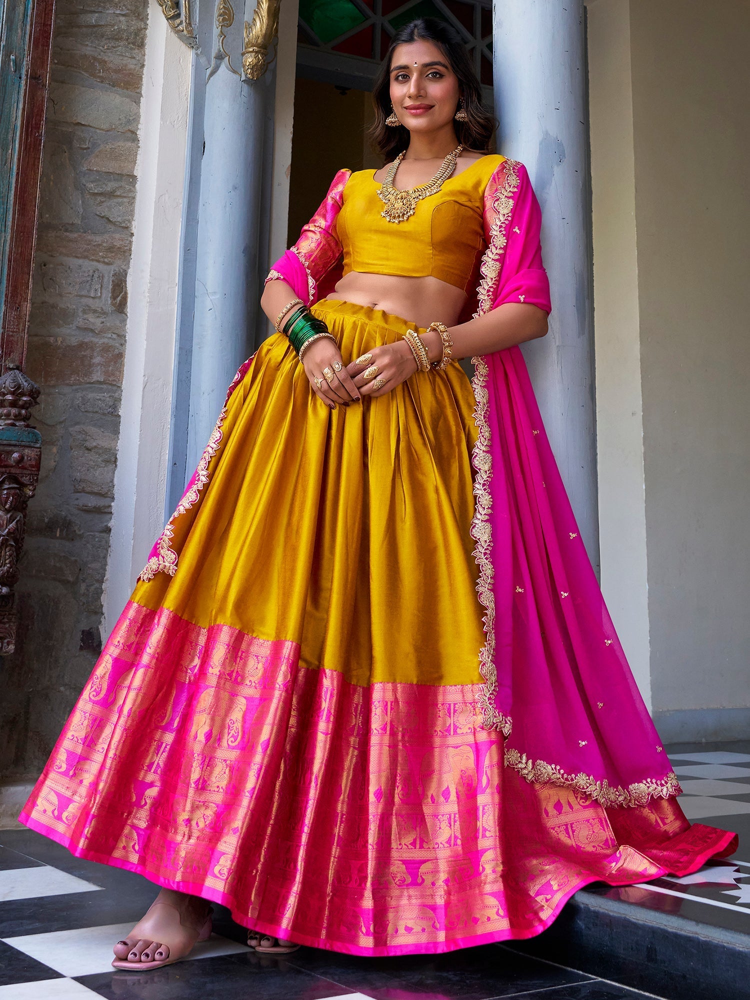 Yellow Narayan Pattu silk zari weaving lehenga choli with dupatta