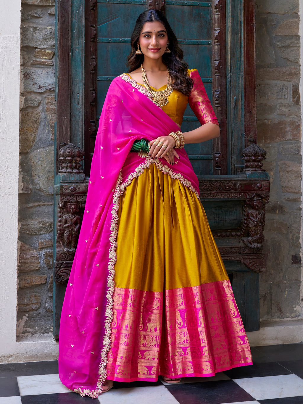 Yellow Narayan Pattu silk zari weaving lehenga choli with dupatta