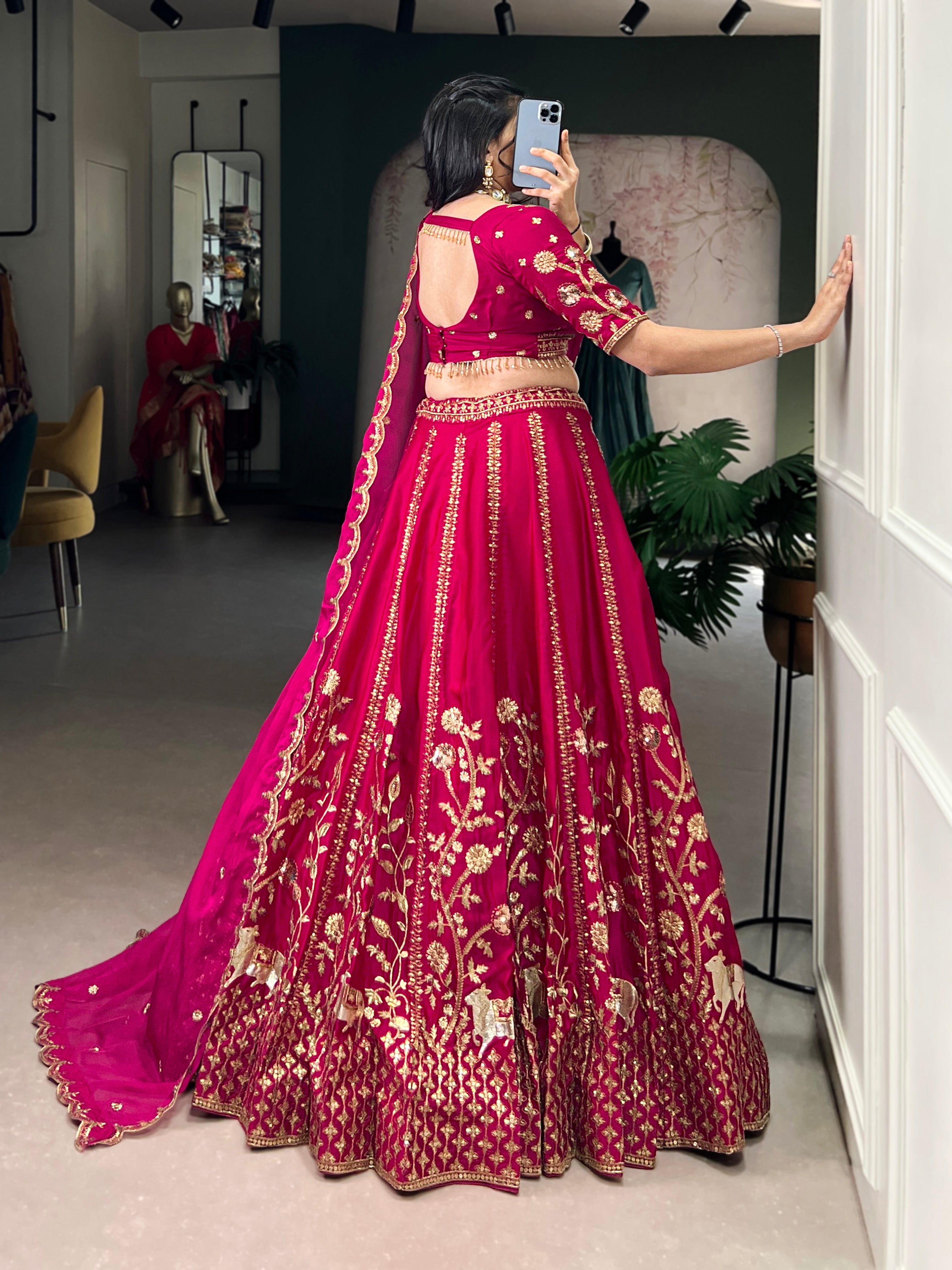 Aarika rani pink natural silk lehenga choli with sequins and thread embroidery work