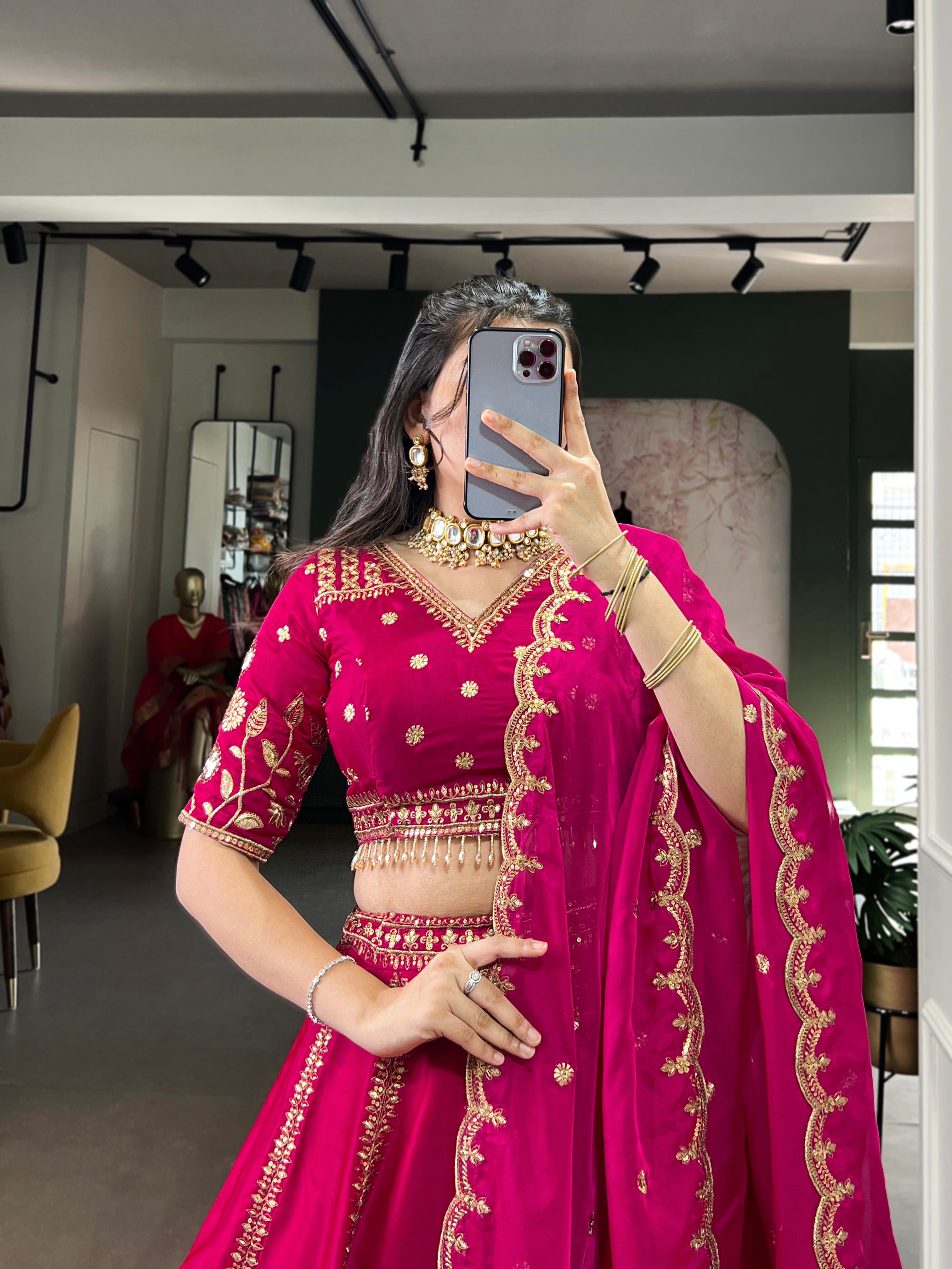 Aarika rani pink natural silk lehenga choli with sequins and thread embroidery work