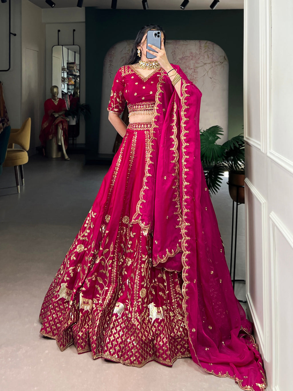 Aarika rani pink natural silk lehenga choli with sequins and thread embroidery work