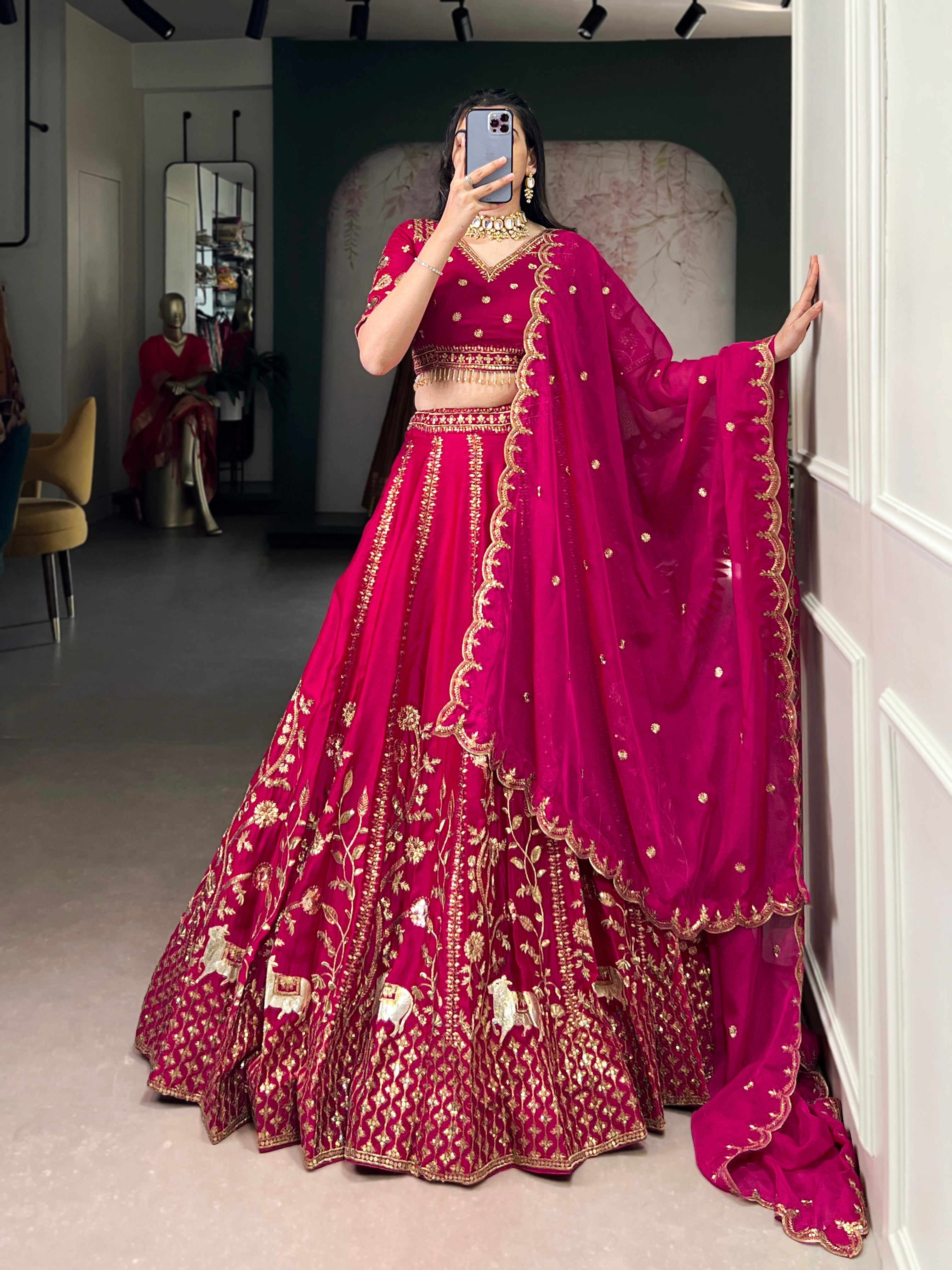 Aarika rani pink natural silk lehenga choli with sequins and thread embroidery work