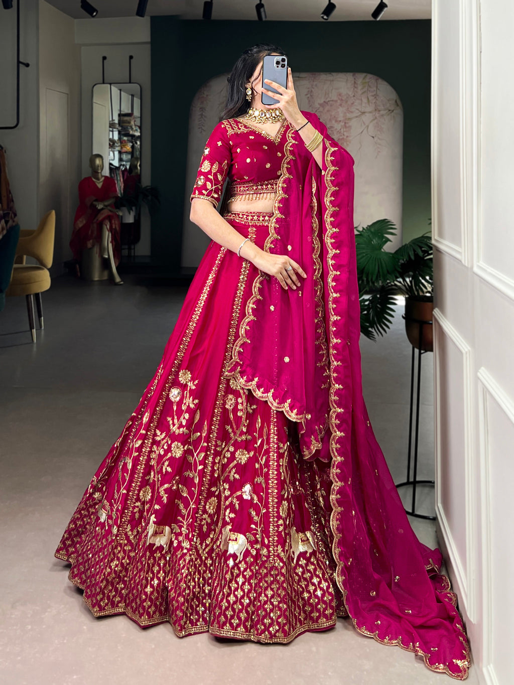 Aarika rani pink natural silk lehenga choli with sequins and thread embroidery work