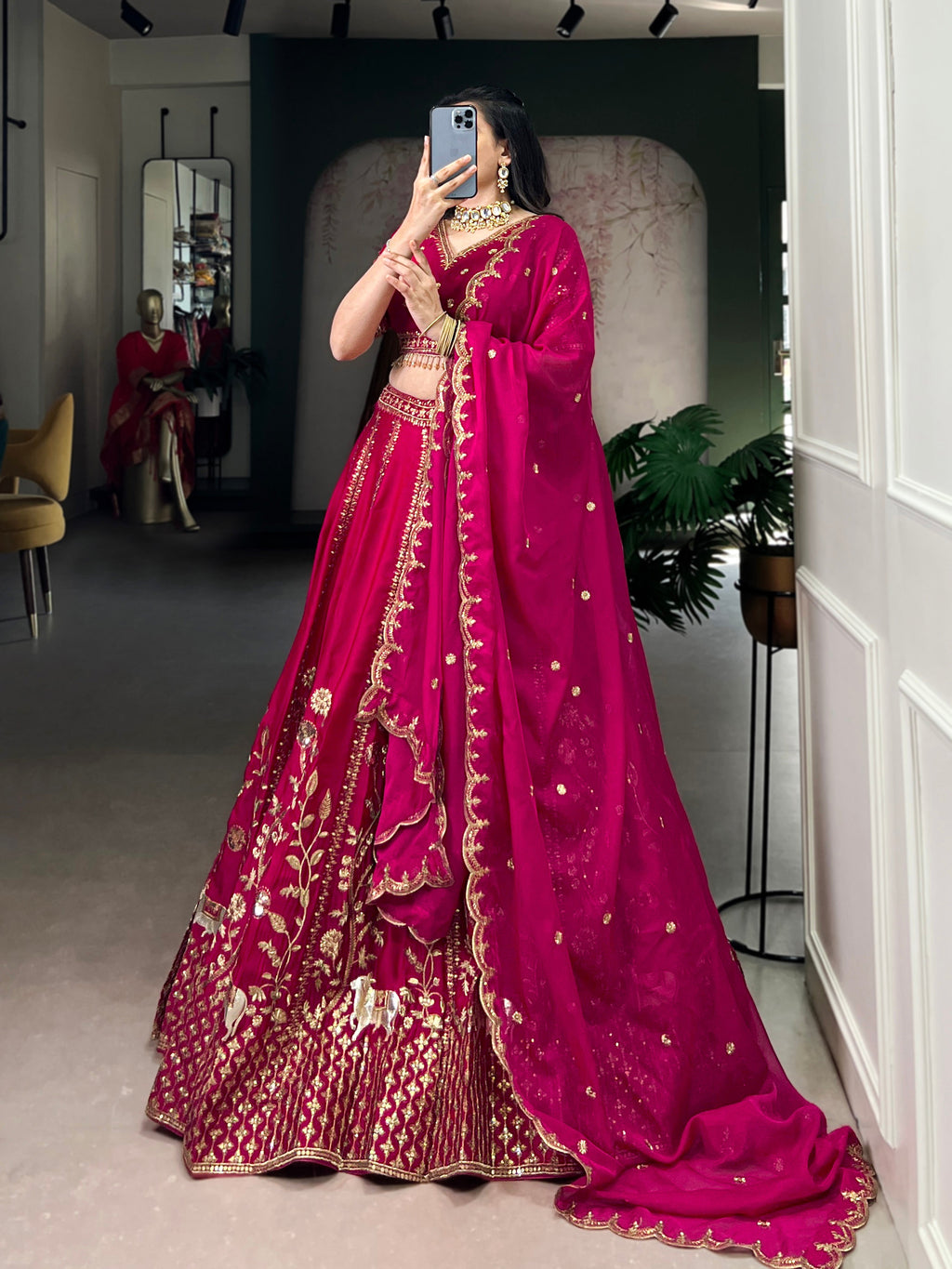 Aarika rani pink natural silk lehenga choli with sequins and thread embroidery work