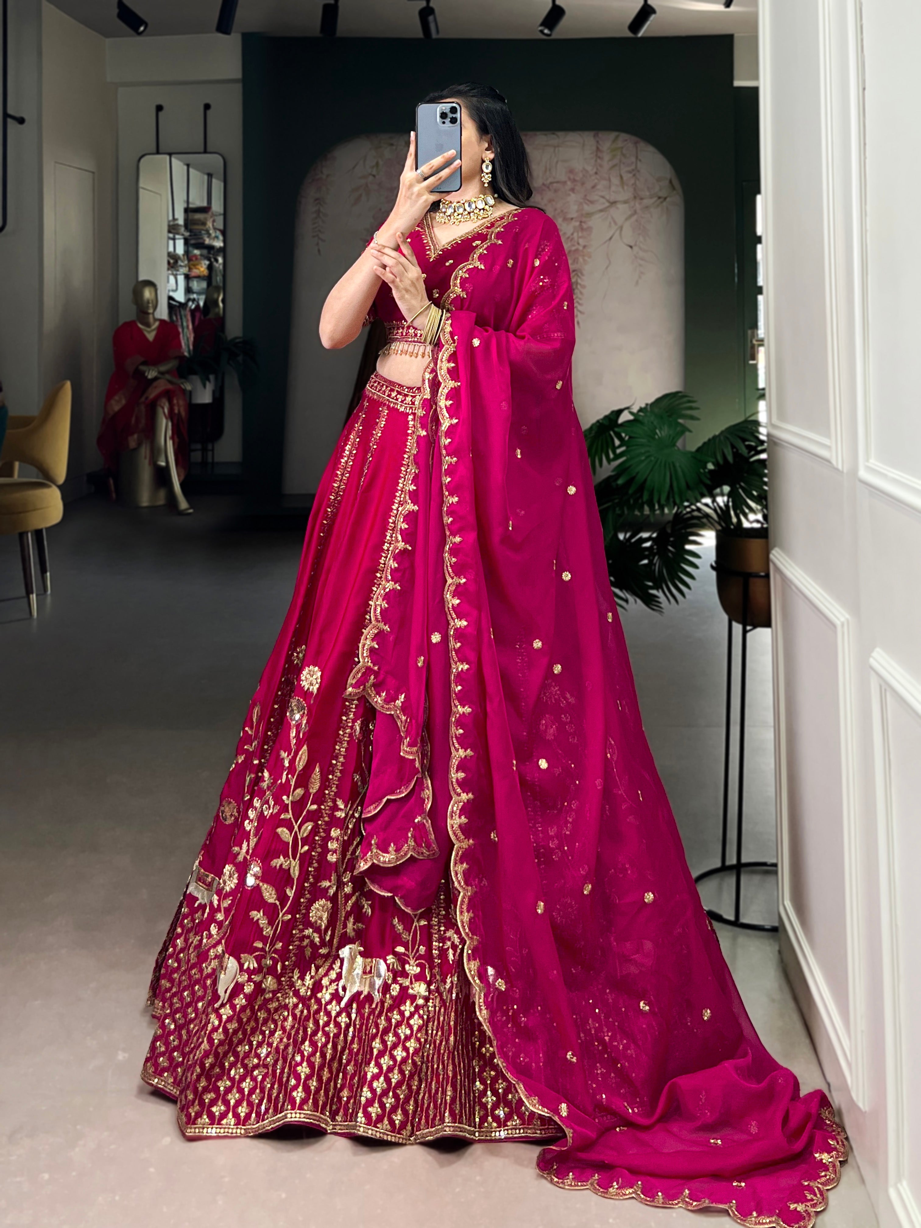 Aarika rani pink natural silk lehenga choli with sequins and thread embroidery work