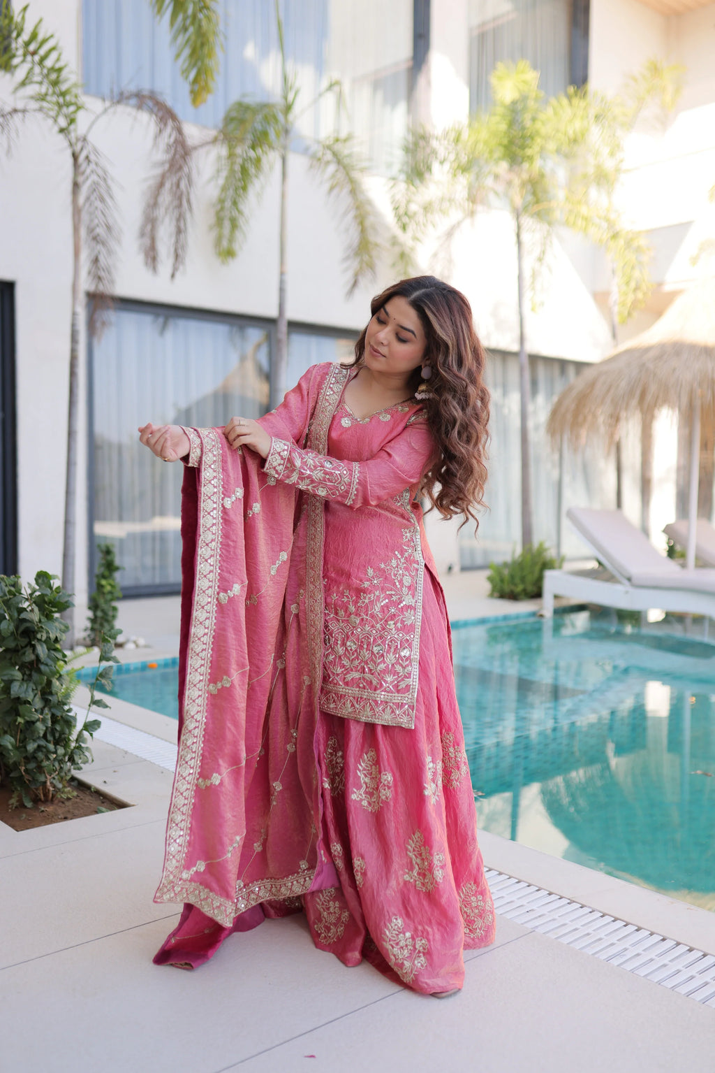 Aaryaa pink Fendi crush kurti sharara set with zari sequins embroidery