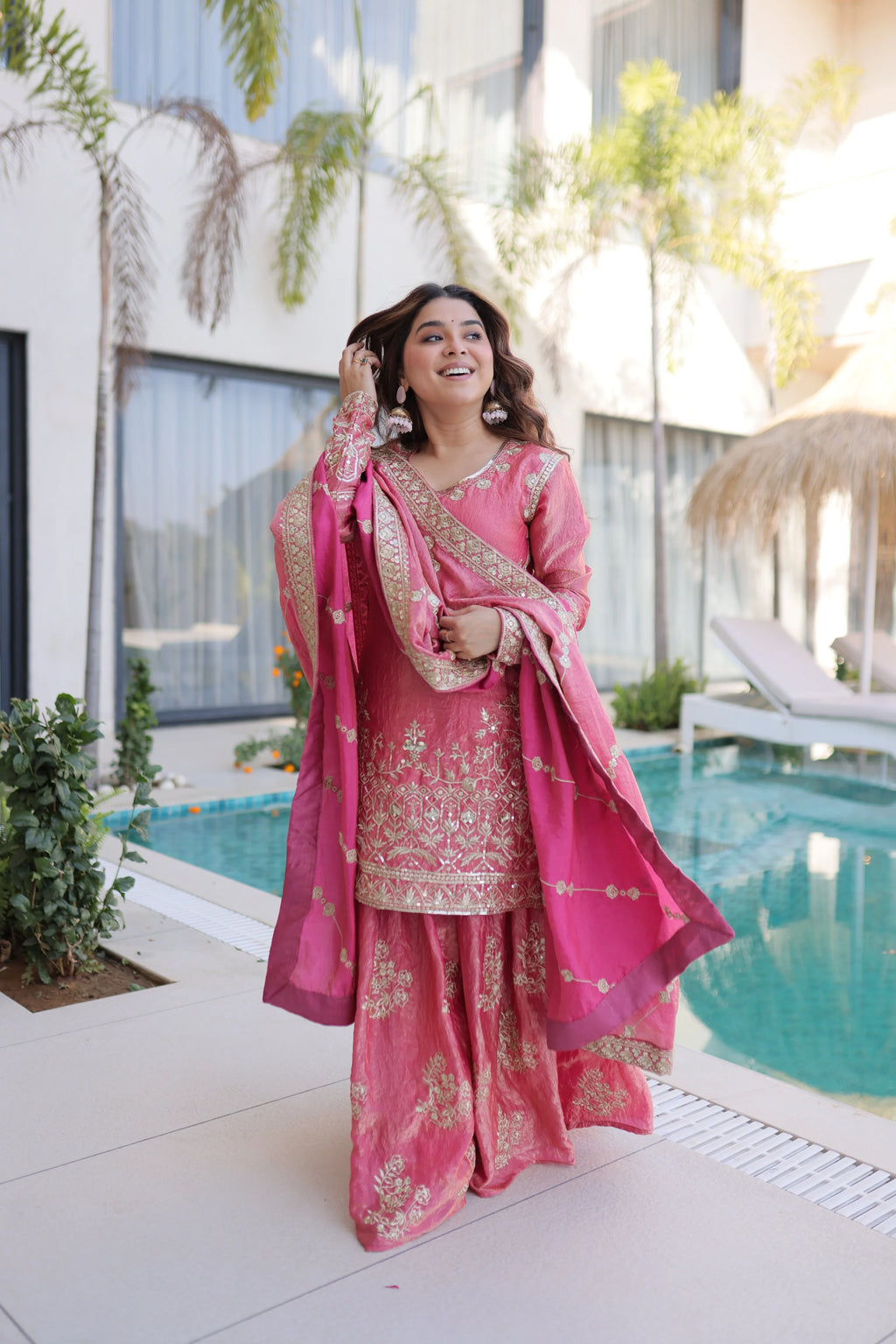 Aaryaa pink Fendi crush kurti sharara set with zari sequins embroidery