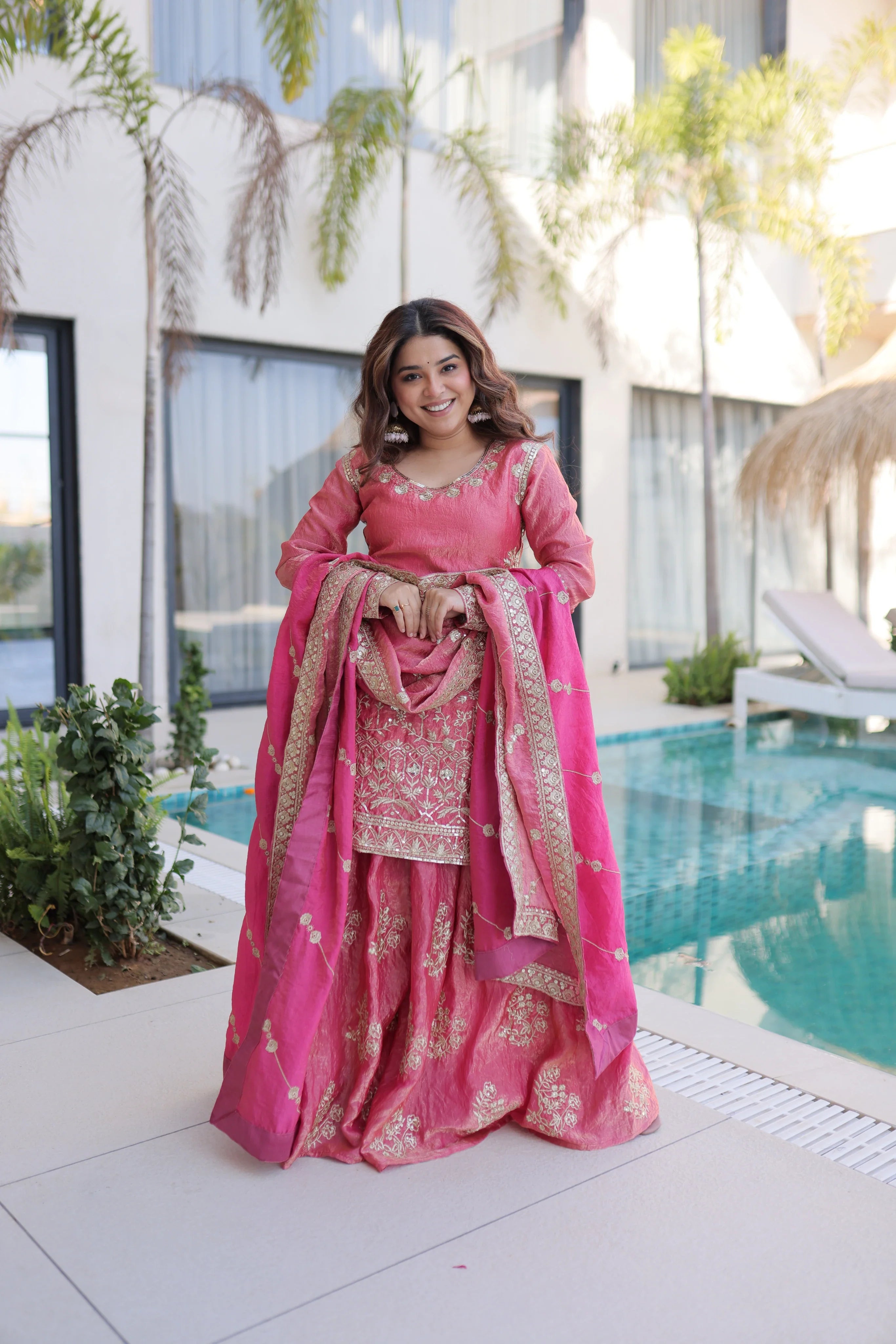 Aaryaa pink Fendi crush kurti sharara set with zari sequins embroidery