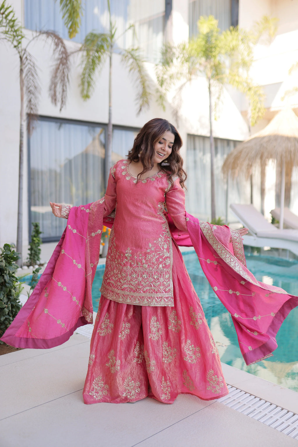 Aaryaa pink Fendi crush kurti sharara set with zari sequins embroidery