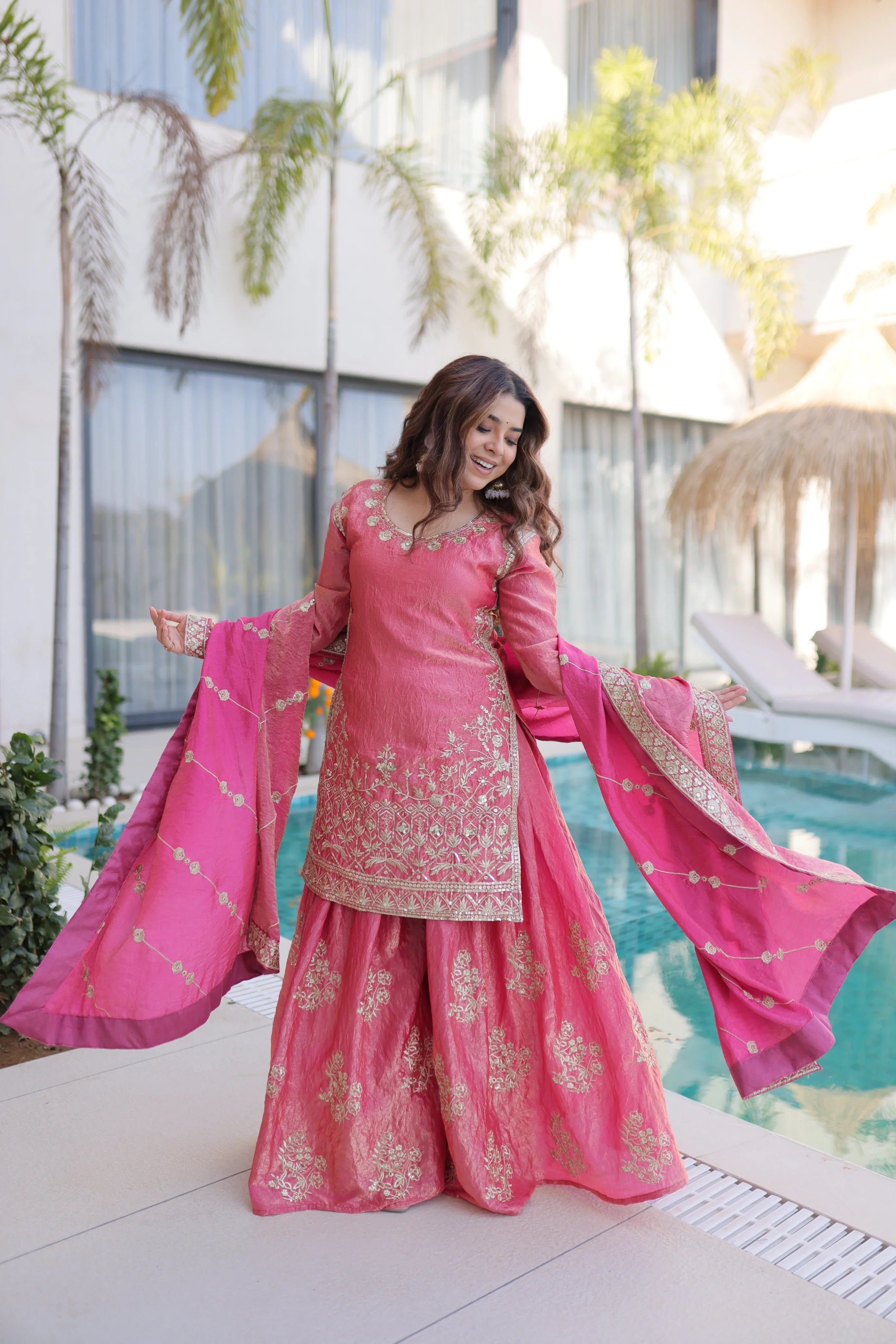 Aaryaa pink Fendi crush kurti sharara set with zari sequins embroidery