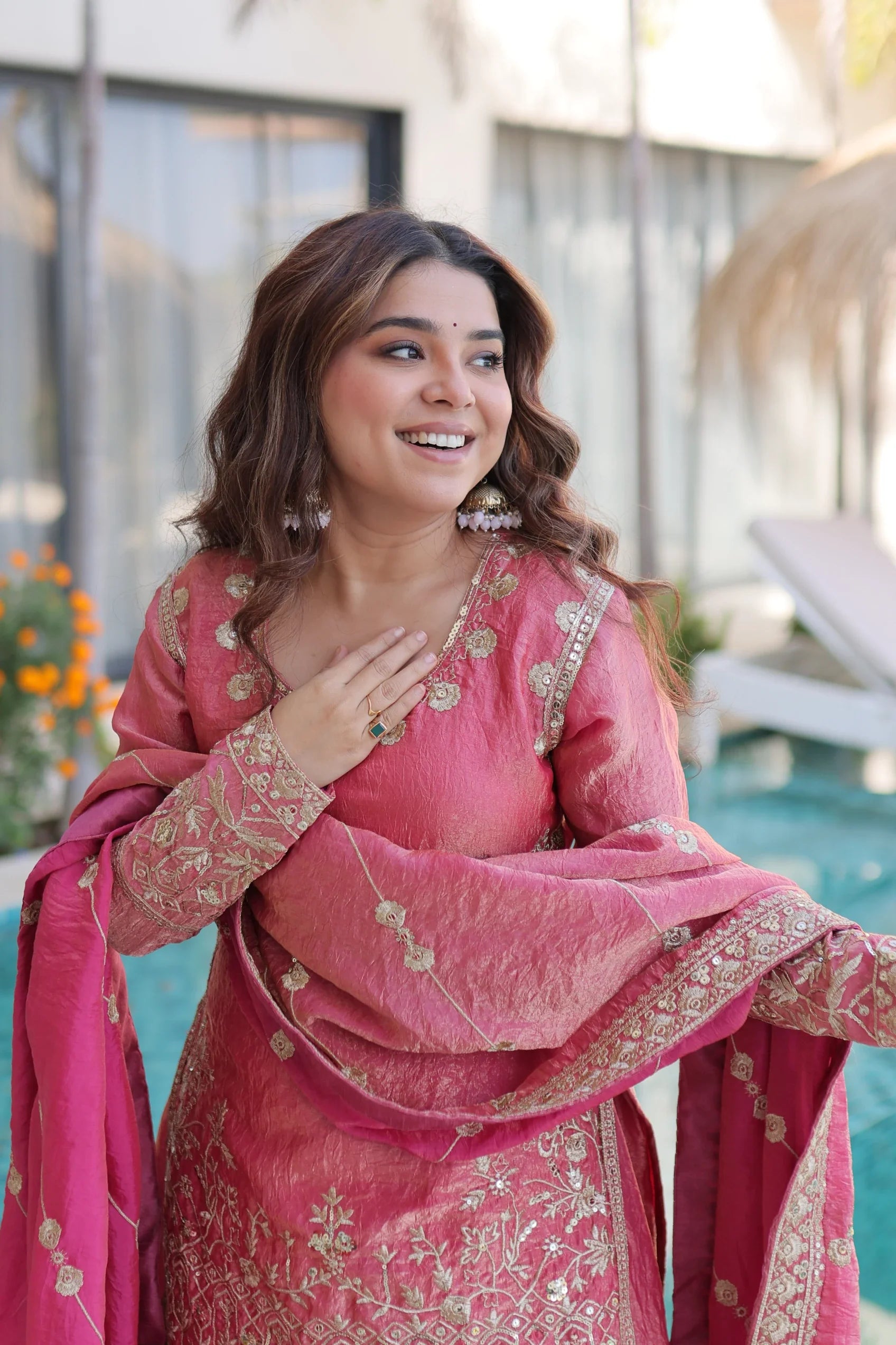 Aaryaa pink Fendi crush kurti sharara set with zari sequins embroidery