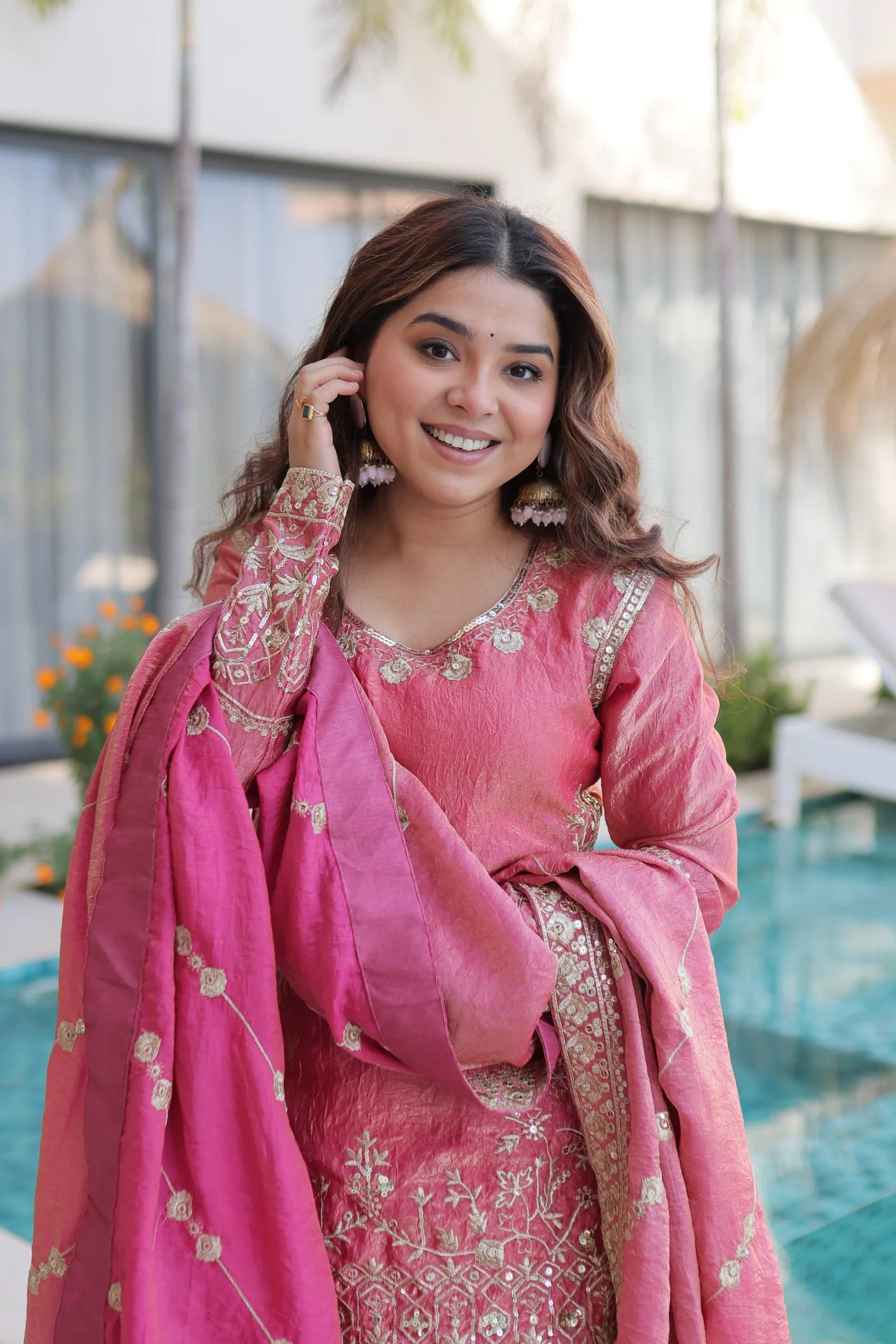 Aaryaa pink Fendi crush kurti sharara set with zari sequins embroidery