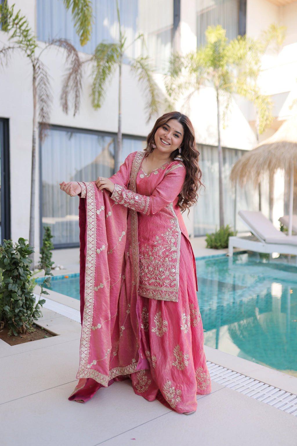 Aaryaa pink Fendi crush kurti sharara set with zari sequins embroidery