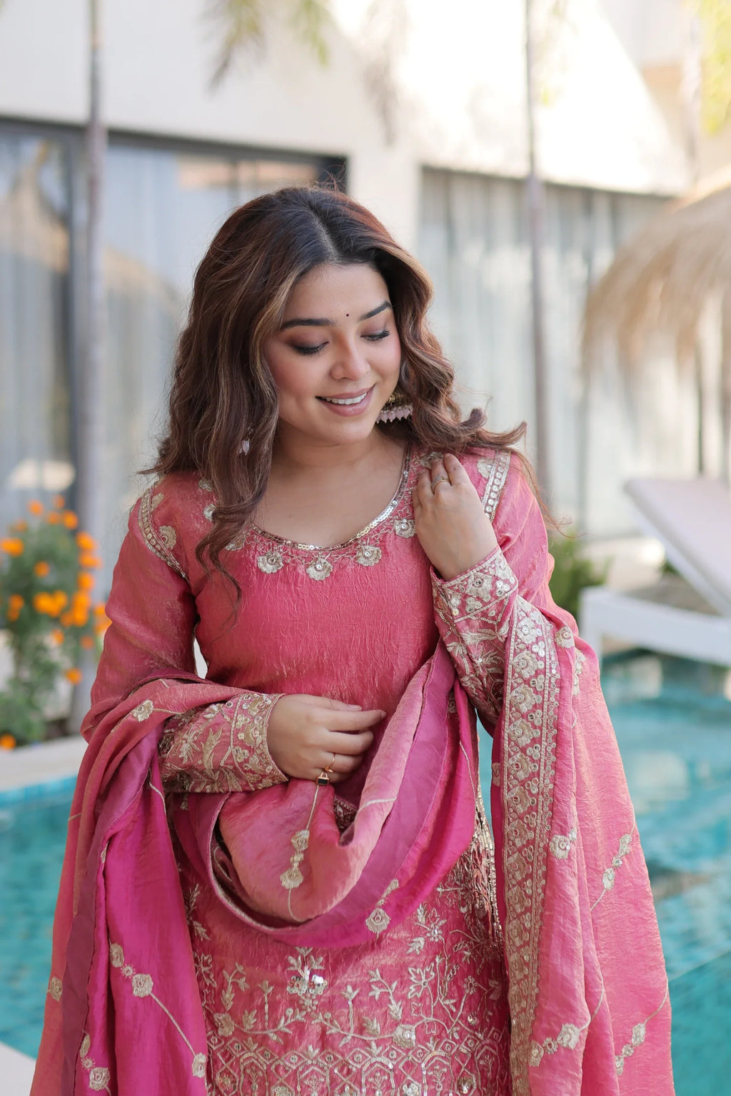 Aaryaa pink Fendi crush kurti sharara set with zari sequins embroidery