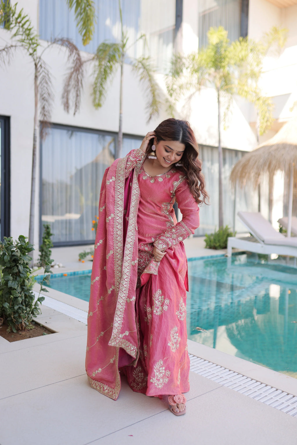 Aaryaa pink Fendi crush kurti sharara set with zari sequins embroidery