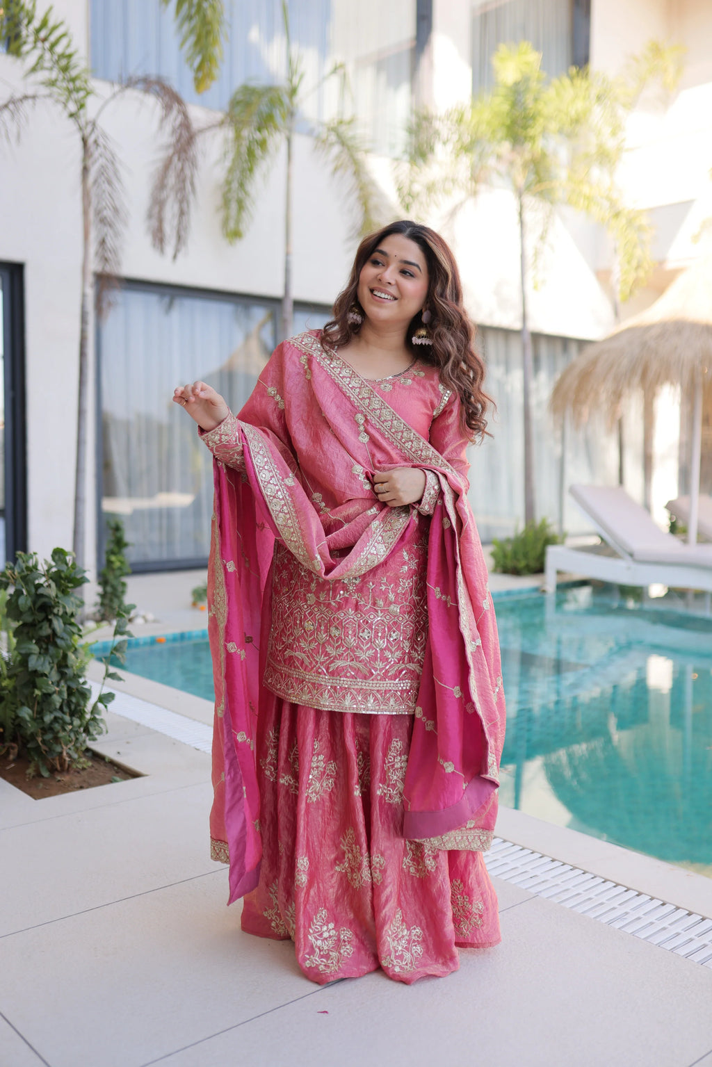 Aaryaa pink Fendi crush kurti sharara set with zari sequins embroidery
