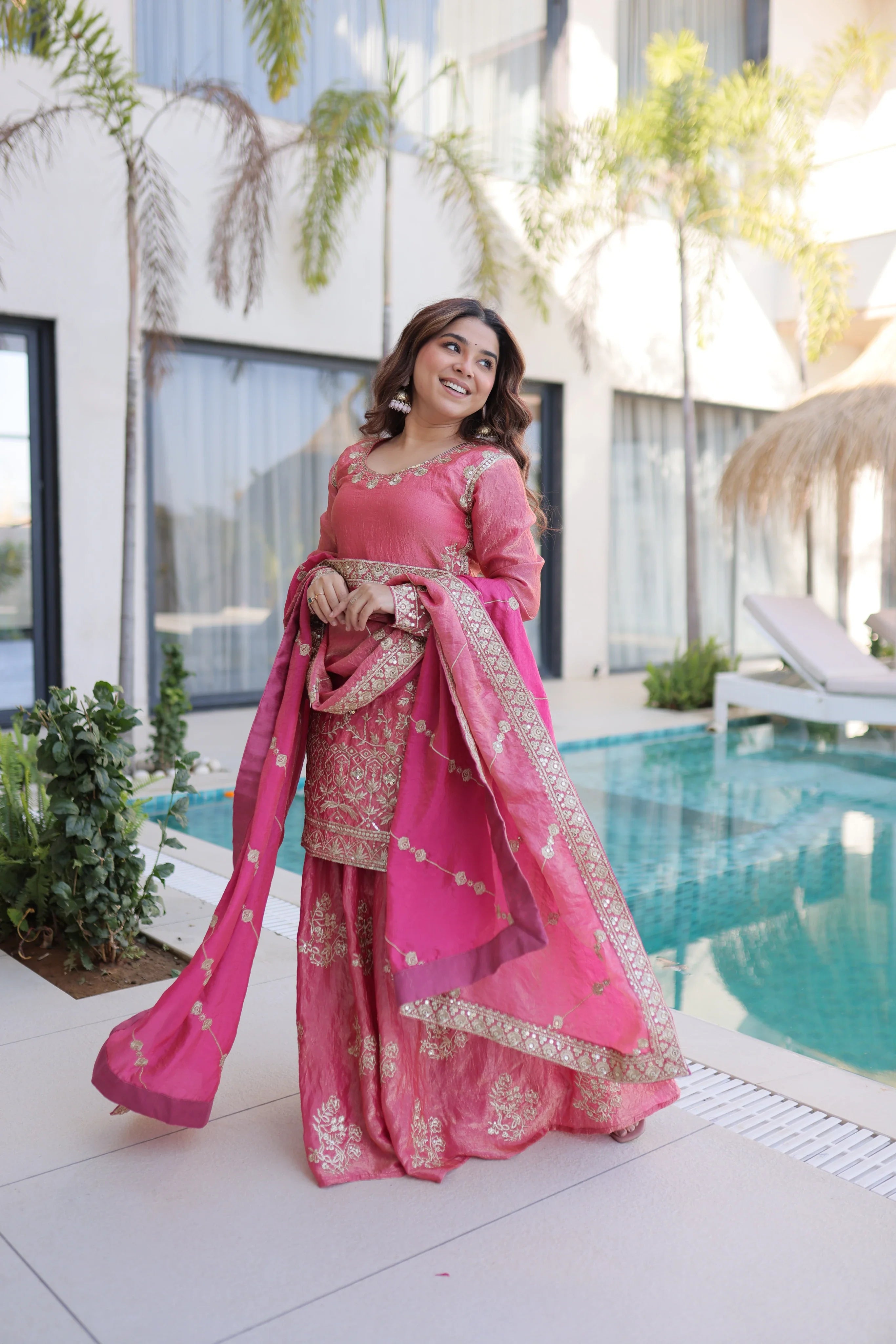 Aaryaa pink Fendi crush kurti sharara set with zari sequins embroidery