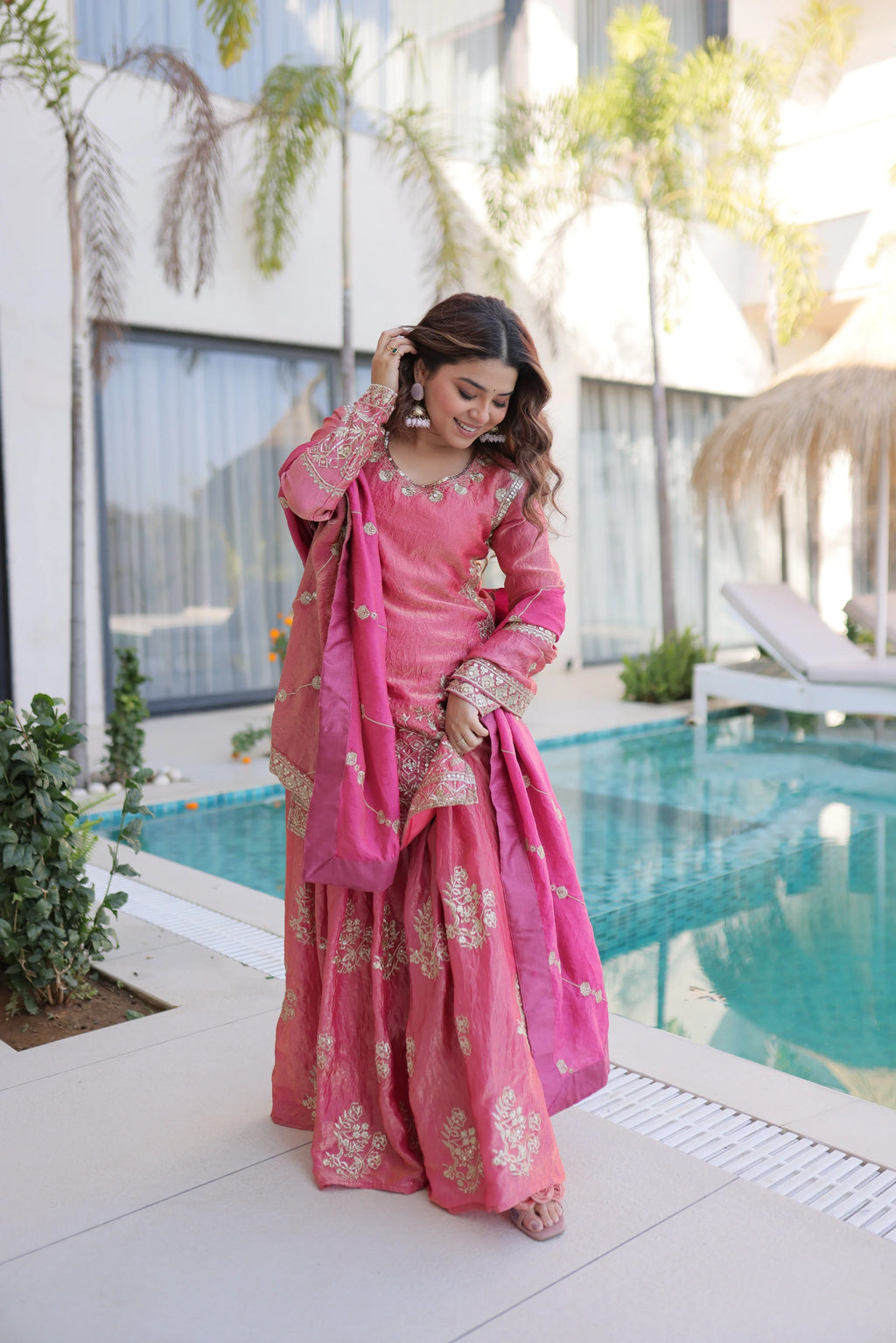 Aaryaa pink Fendi crush kurti sharara set with zari sequins embroidery