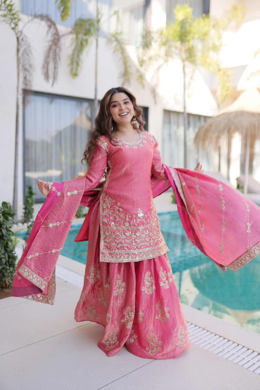 Aaryaa pink Fendi crush kurti sharara set with zari sequins embroidery