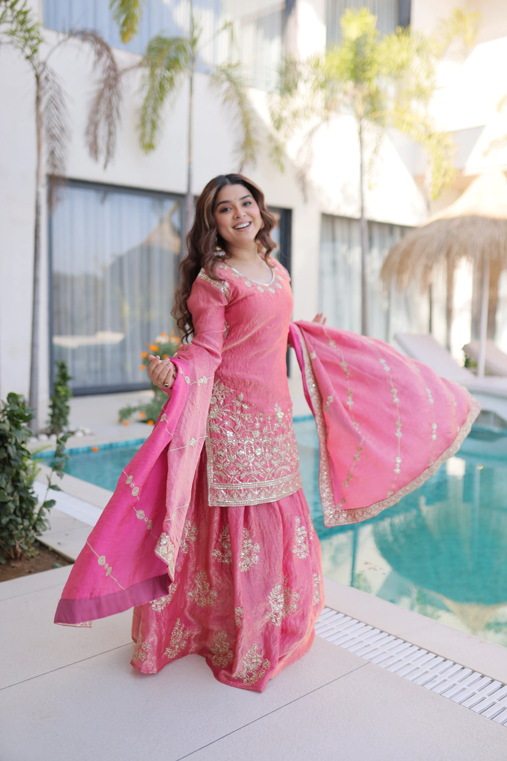 Aaryaa pink Fendi crush kurti sharara set with zari sequins embroidery