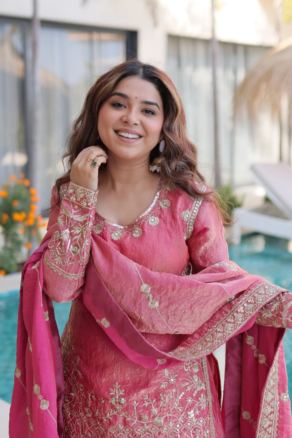 Aaryaa pink Fendi crush kurti sharara set with zari sequins embroidery