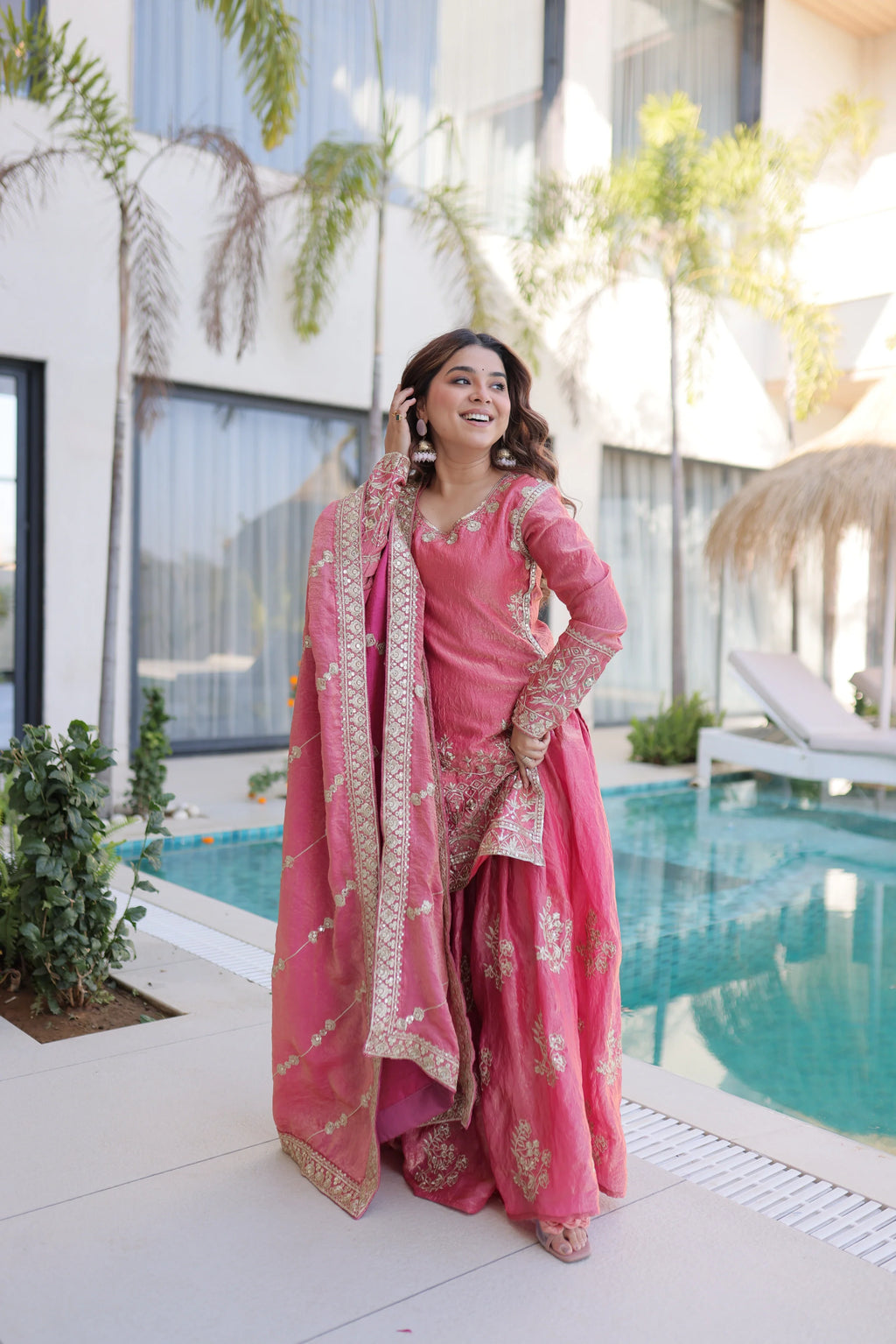 Aaryaa pink Fendi crush kurti sharara set with zari sequins embroidery
