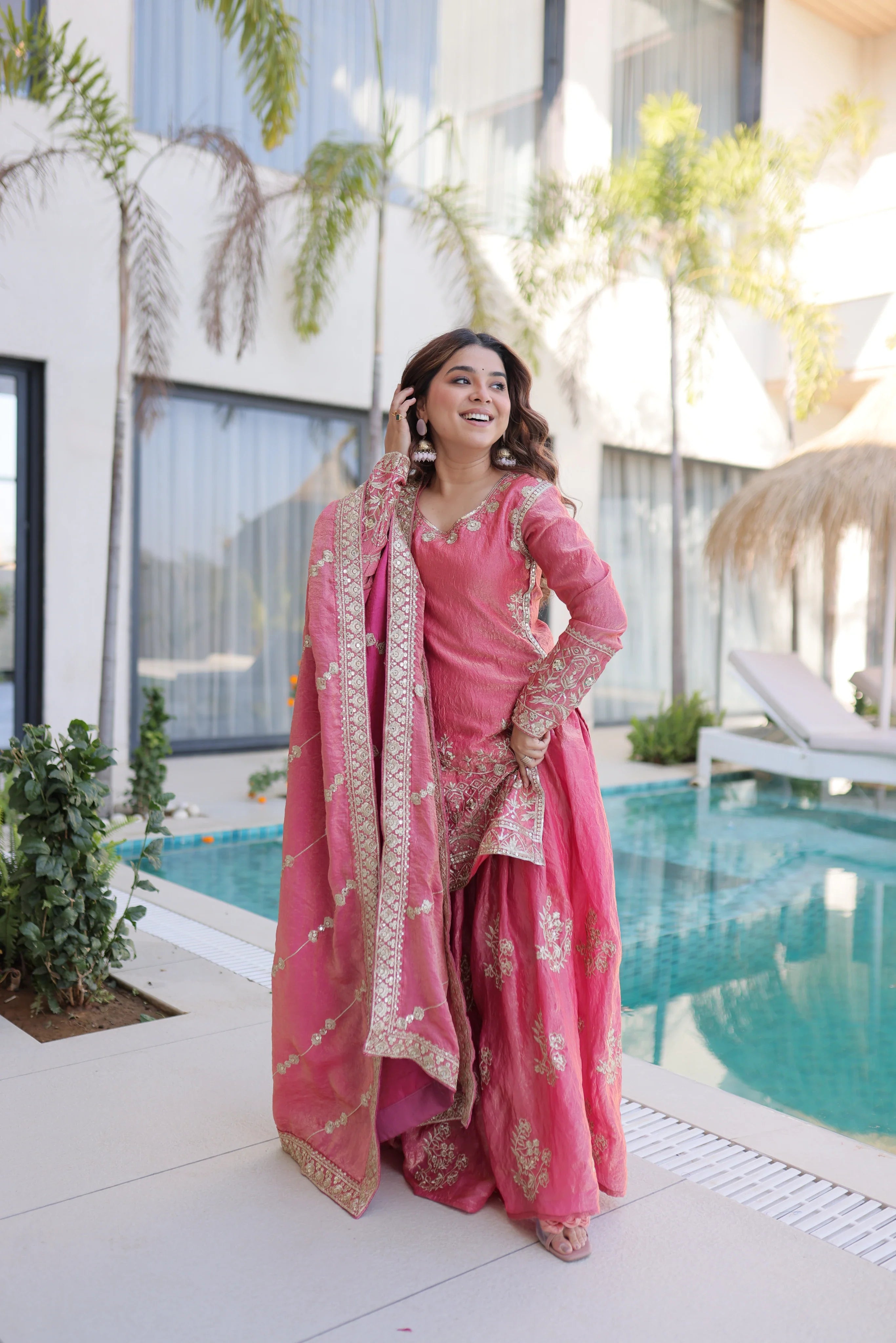 Aaryaa pink Fendi crush kurti sharara set with zari sequins embroidery