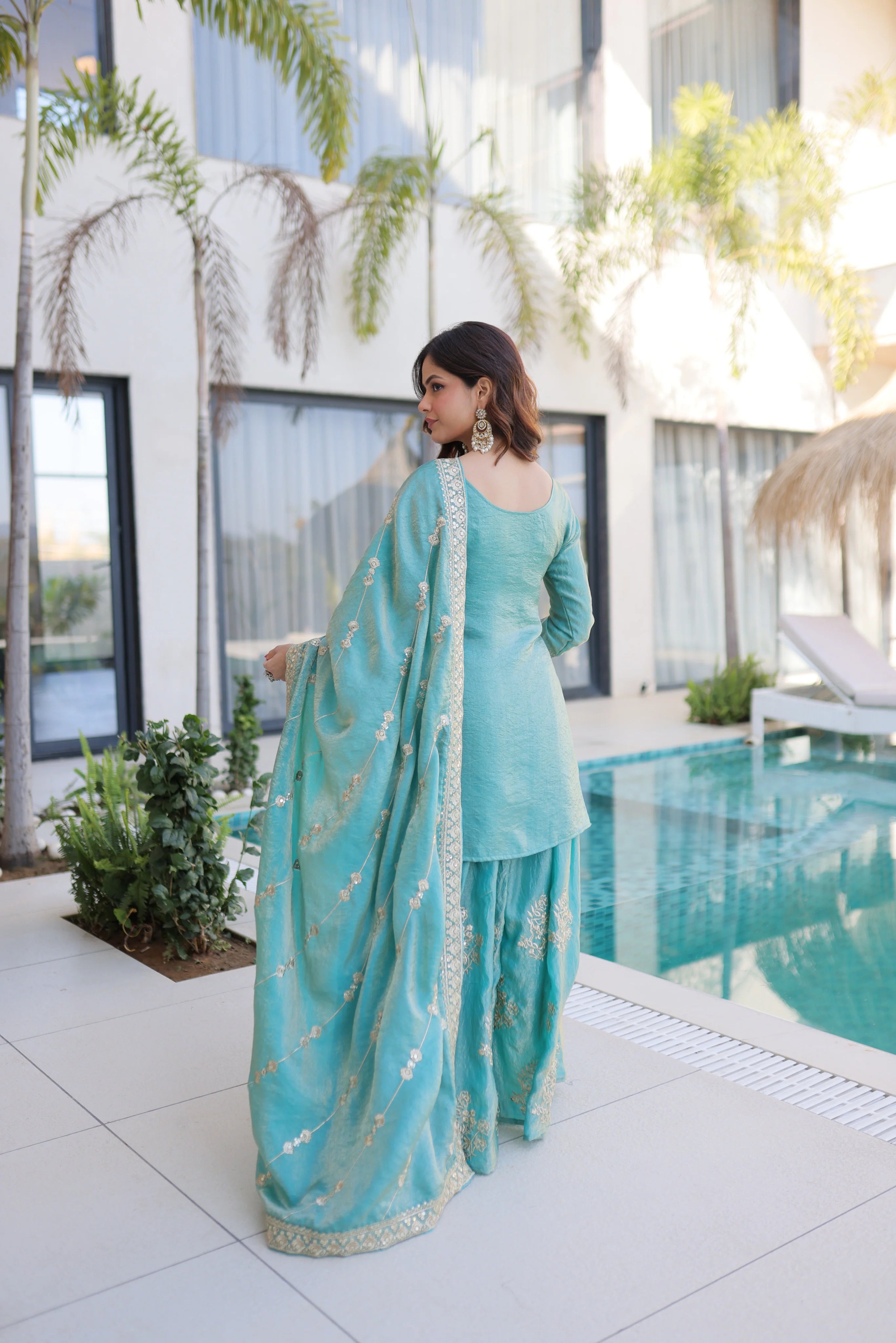 Aaryaa sky blue Fendi crush kurti sharara set with zari sequins embroidery