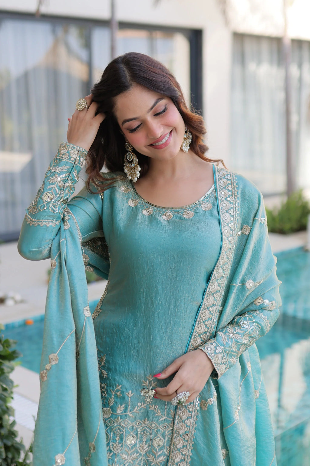 Aaryaa sky blue Fendi crush kurti sharara set with zari sequins embroidery