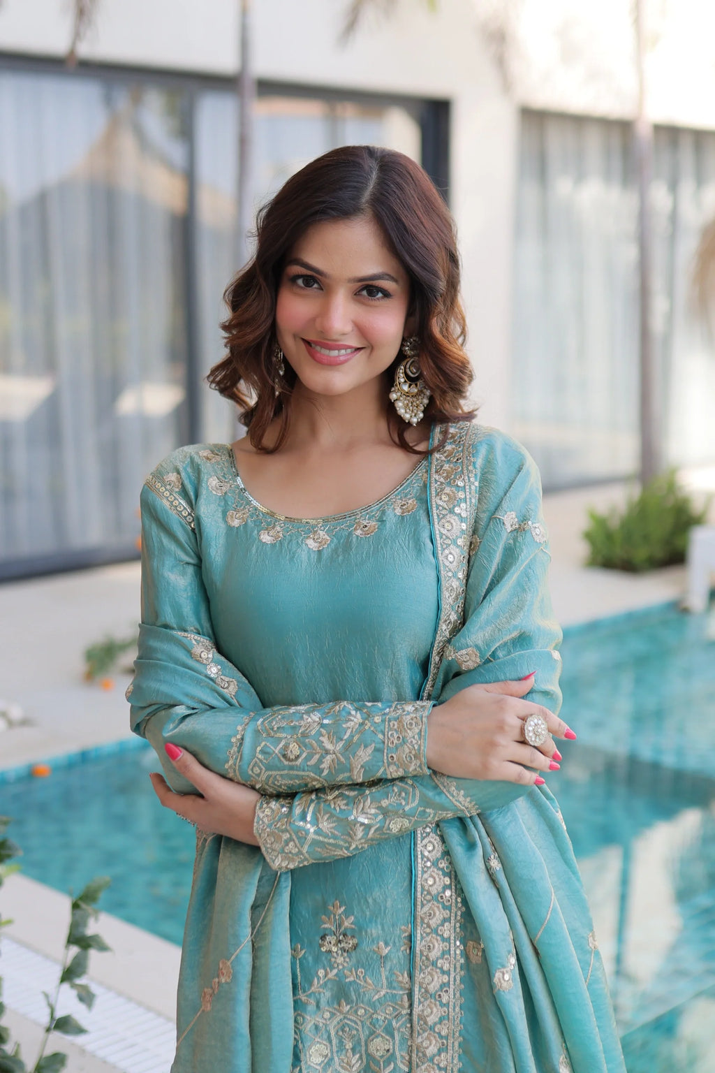 Aaryaa sky blue Fendi crush kurti sharara set with zari sequins embroidery