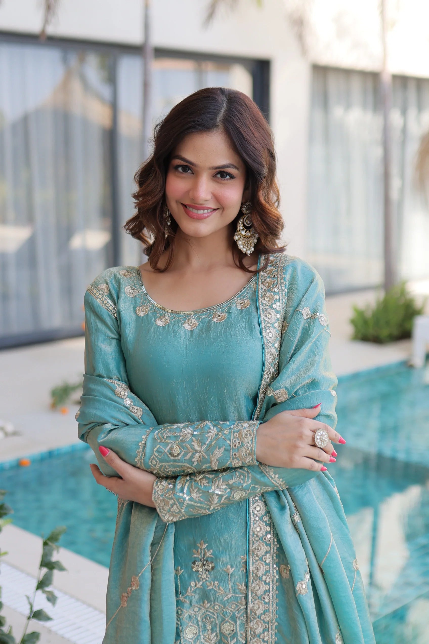 Aaryaa sky blue Fendi crush kurti sharara set with zari sequins embroidery