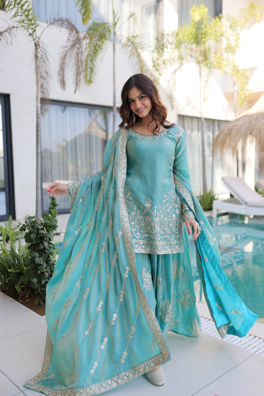 Aaryaa sky blue Fendi crush kurti sharara set with zari sequins embroidery