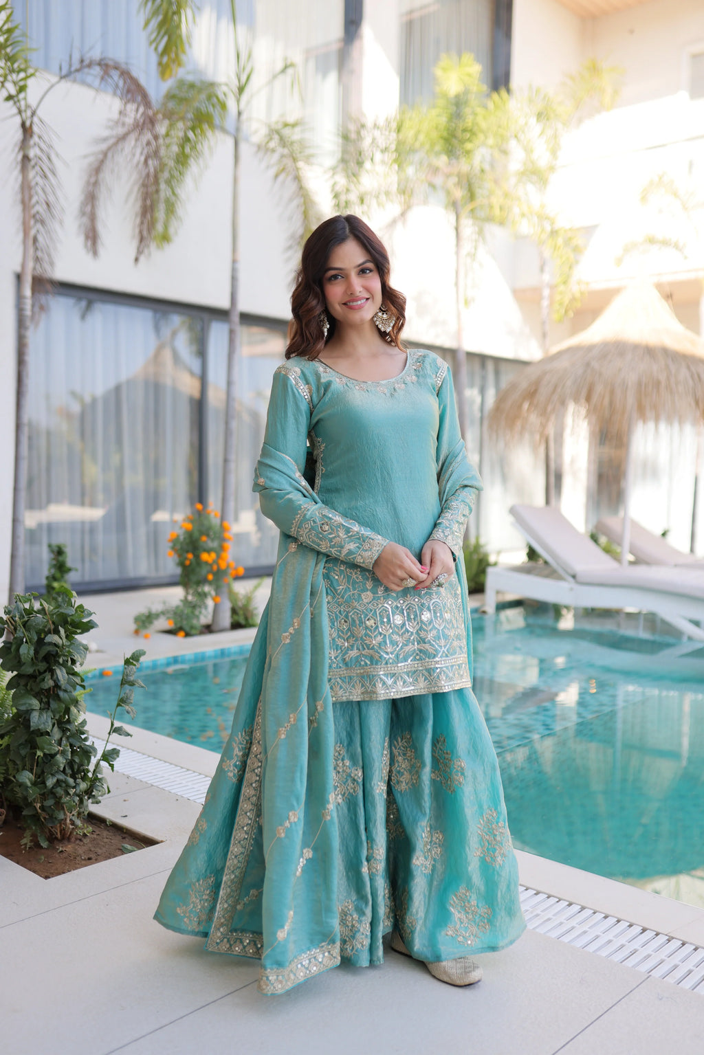 Aaryaa sky blue Fendi crush kurti sharara set with zari sequins embroidery