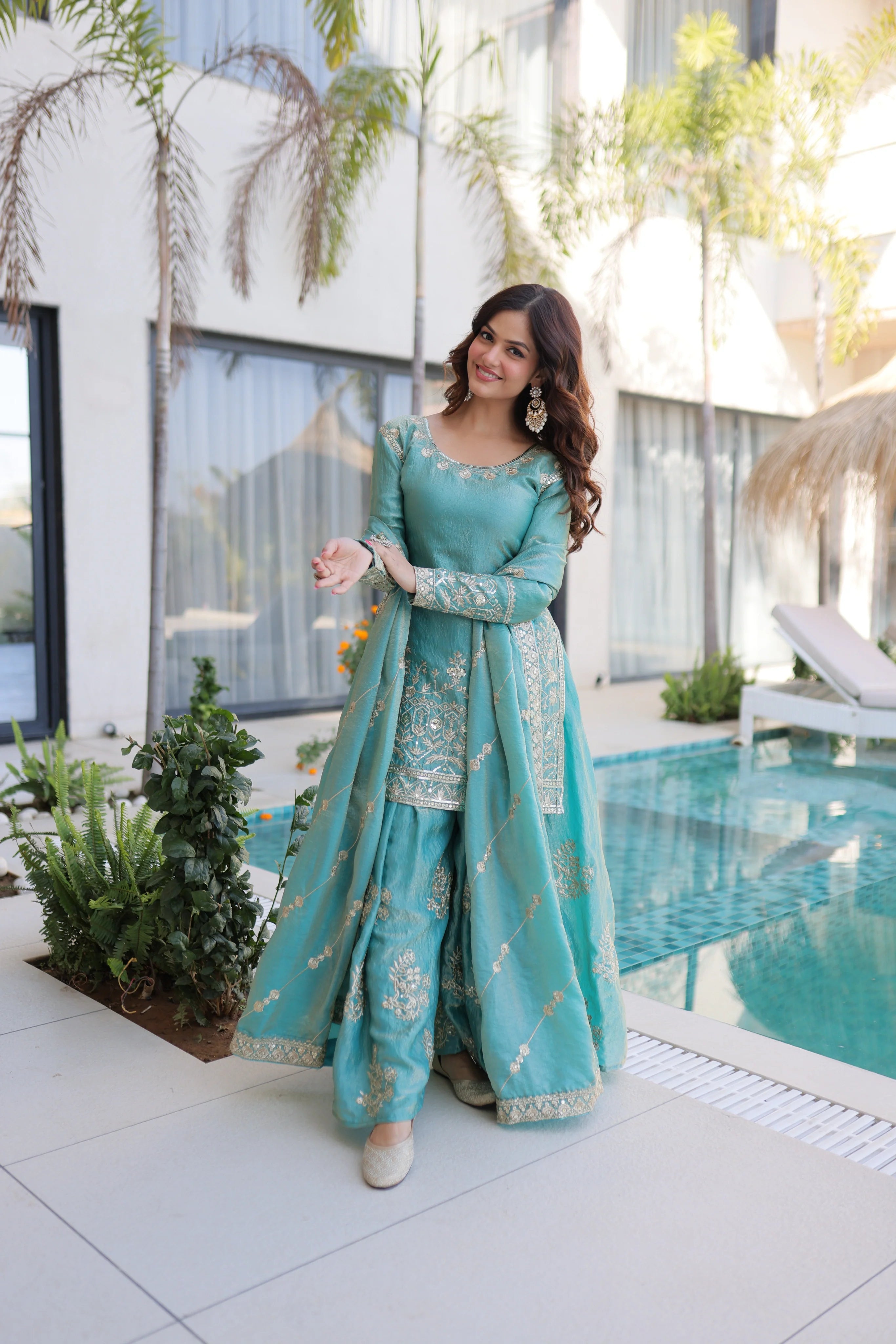 Aaryaa sky blue Fendi crush kurti sharara set with zari sequins embroidery