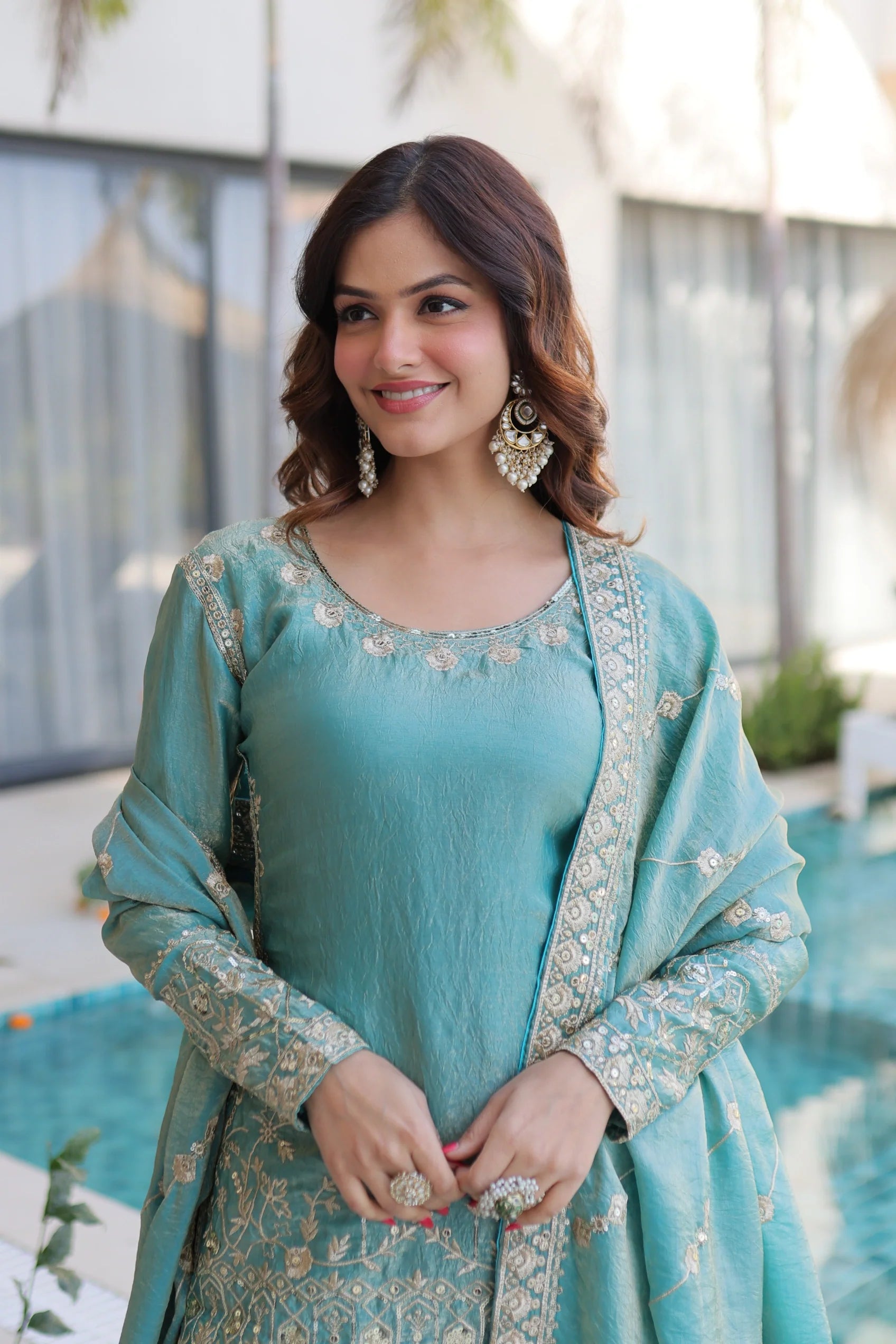 Aaryaa sky blue Fendi crush kurti sharara set with zari sequins embroidery
