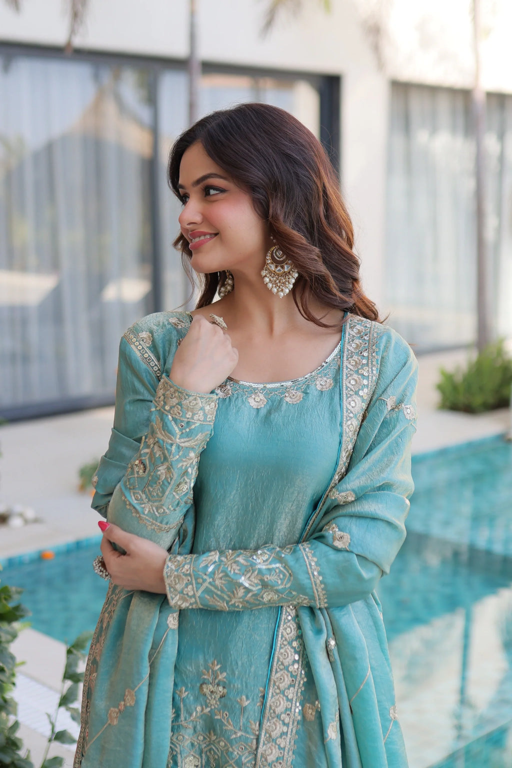 Aaryaa sky blue Fendi crush kurti sharara set with zari sequins embroidery