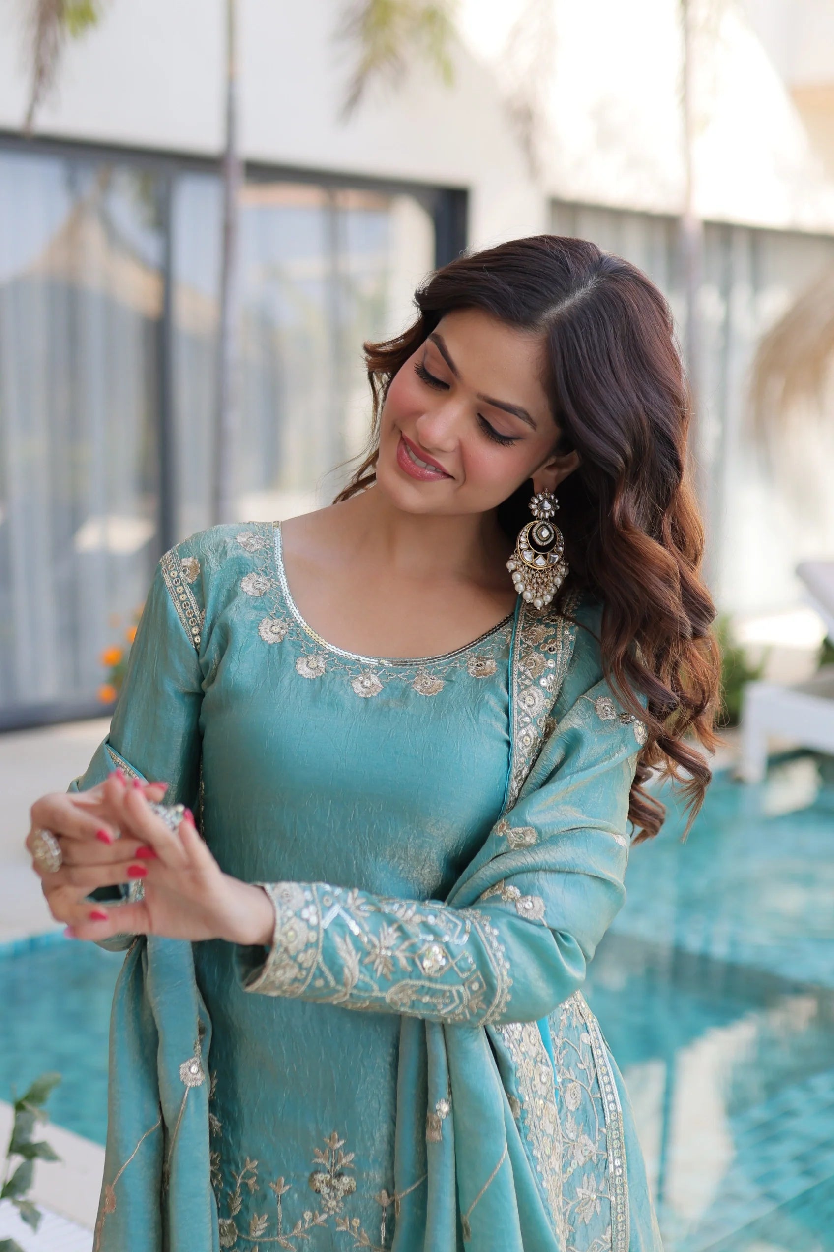 Aaryaa sky blue Fendi crush kurti sharara set with zari sequins embroidery