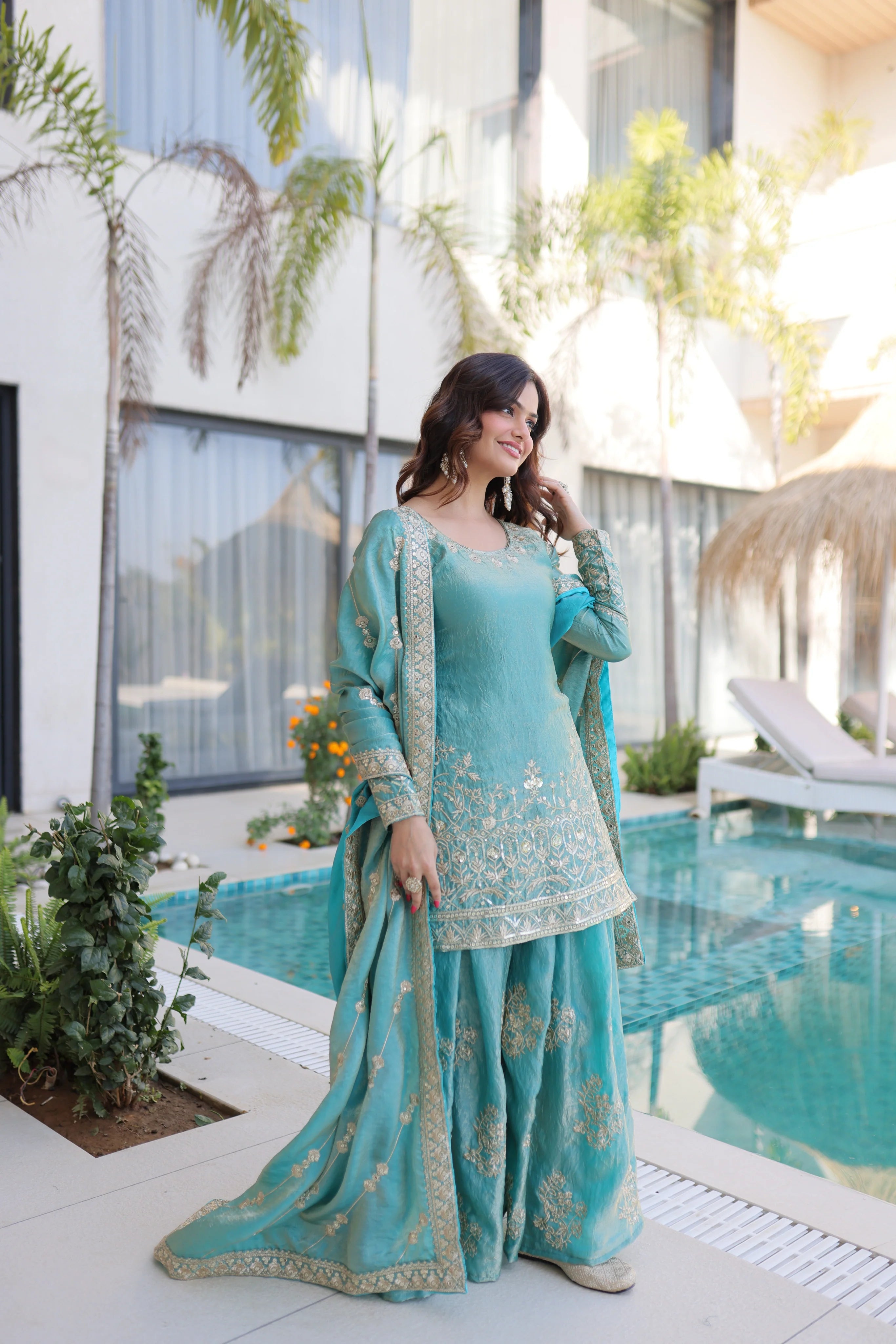 Aaryaa sky blue Fendi crush kurti sharara set with zari sequins embroidery