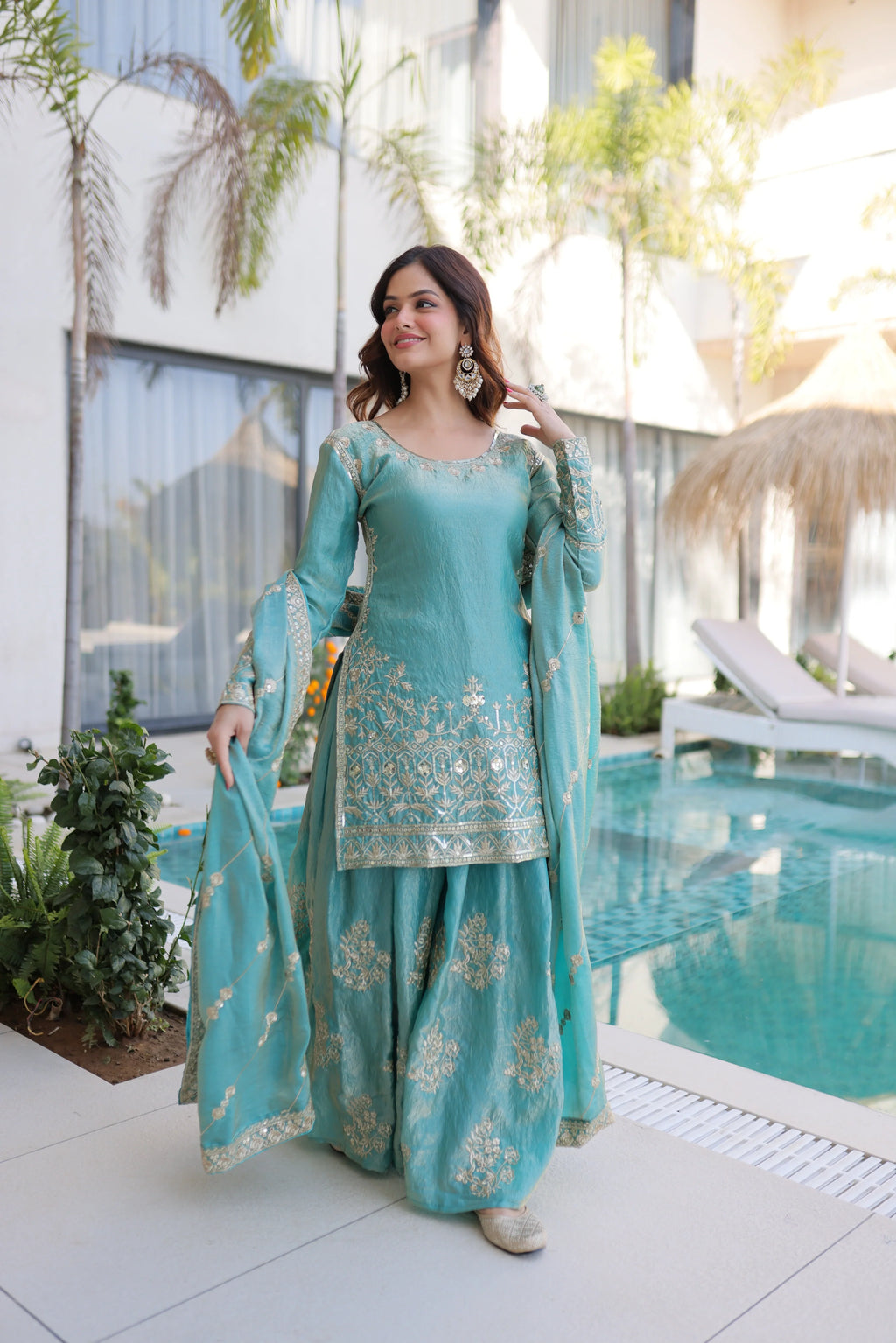 Aaryaa sky blue Fendi crush kurti sharara set with zari sequins embroidery